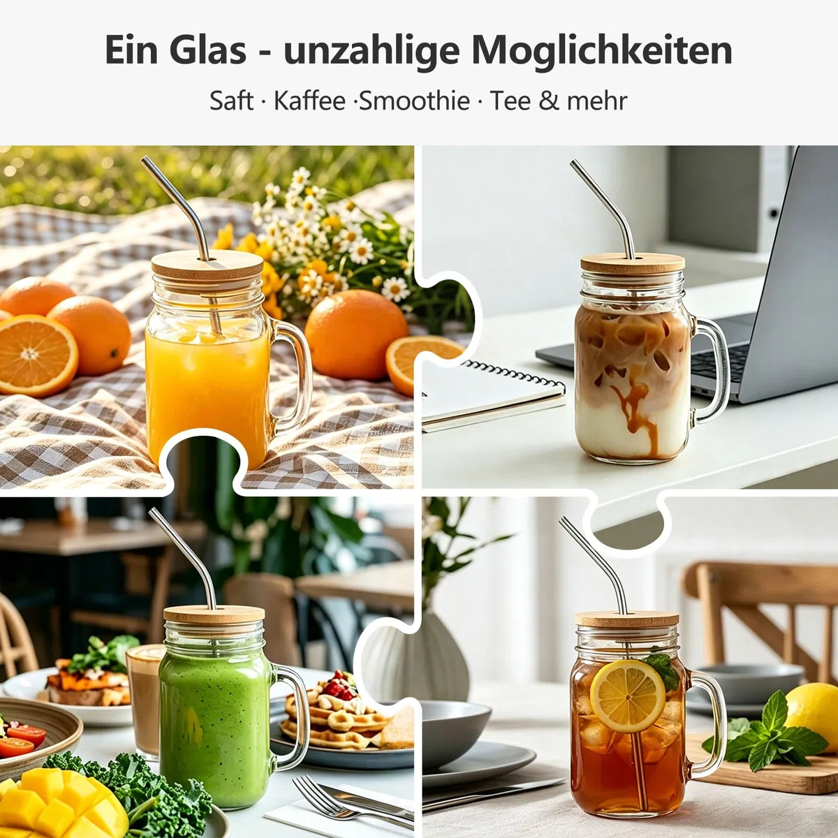 OAMCEG 6 Stück Glas mit Deckel und Strohhalm – 480ml Glasbecher mit Henkel und Holzdeckel – Wiederverwendbare Mason Jar Gläser für Saft, Iced Kaffee, Matcha, Smoothies, Kinder & Geschenk