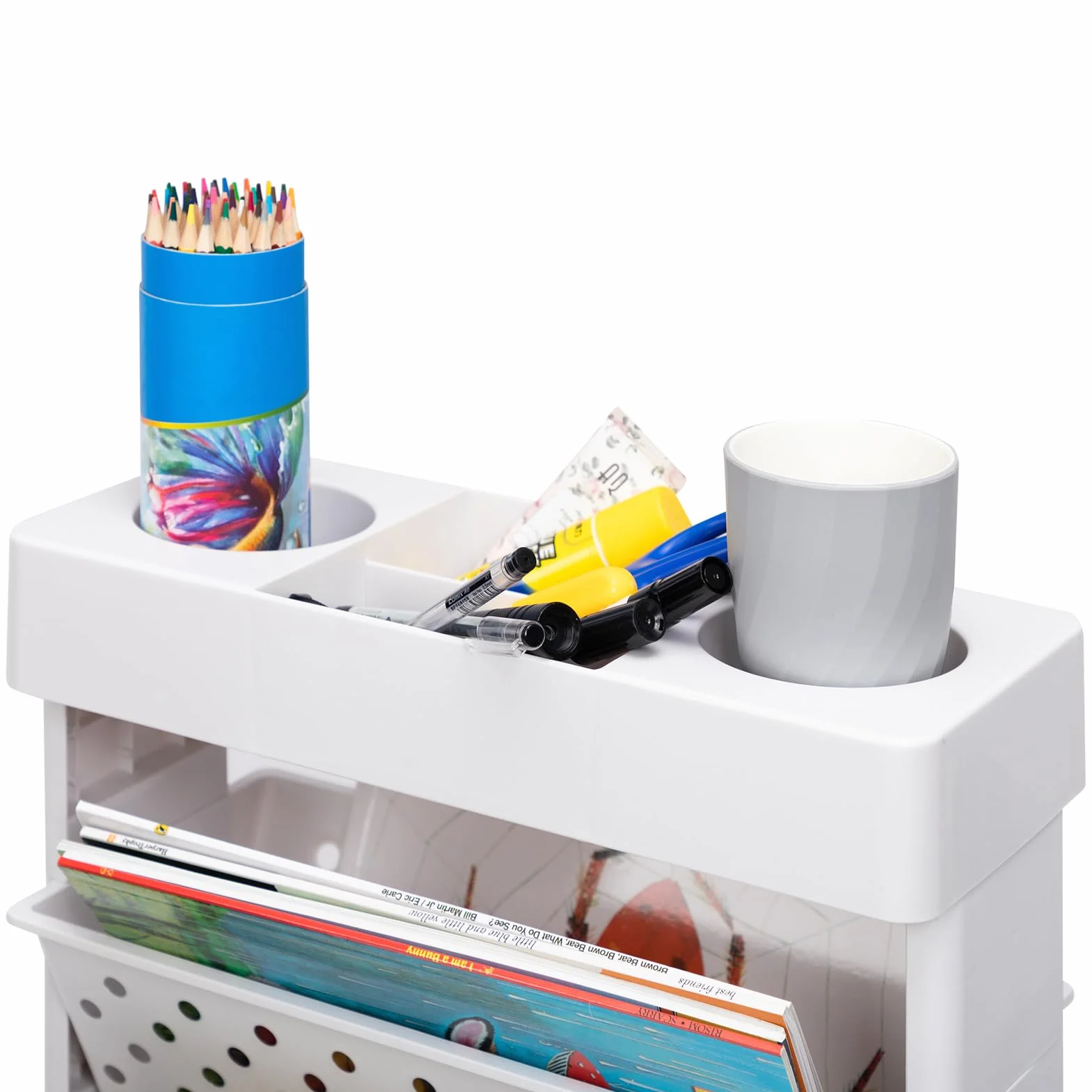 DOEWORKS Bücherwagen Klein Mobiles Bücherregal mit Rollen Bastelwagen Rollwagen Schmal Aufbewahrungswagen 5 Ebenen Bücherregal Wagen für Wohnzimmer Schlafzimmer Büro Bibliothek, Weiß
