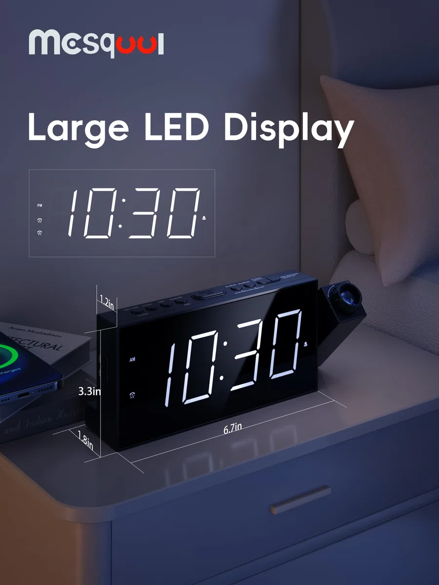 Projektionswecker für Schlafzimmer, Digitalwecker mit großer 7" LED-Anzeige, Dimmer, 180° Projektor, USB-Ladegerät, 12/24 H, DST, Snooze, Batterie Backup, Schreibtisch Wand Deckenuhr für ältere Kinder