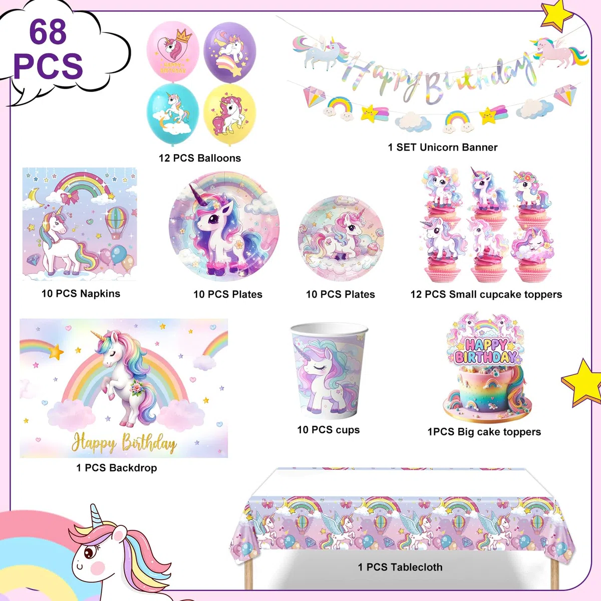 Einhorn Deko Kindergeburtstag,10 Gäste Einhorn Geburtstag Partygeschirr Set Pappteller Kindergeburtstag Servietten Partygeschirr für Deko Kindergeburtstag Mädchen