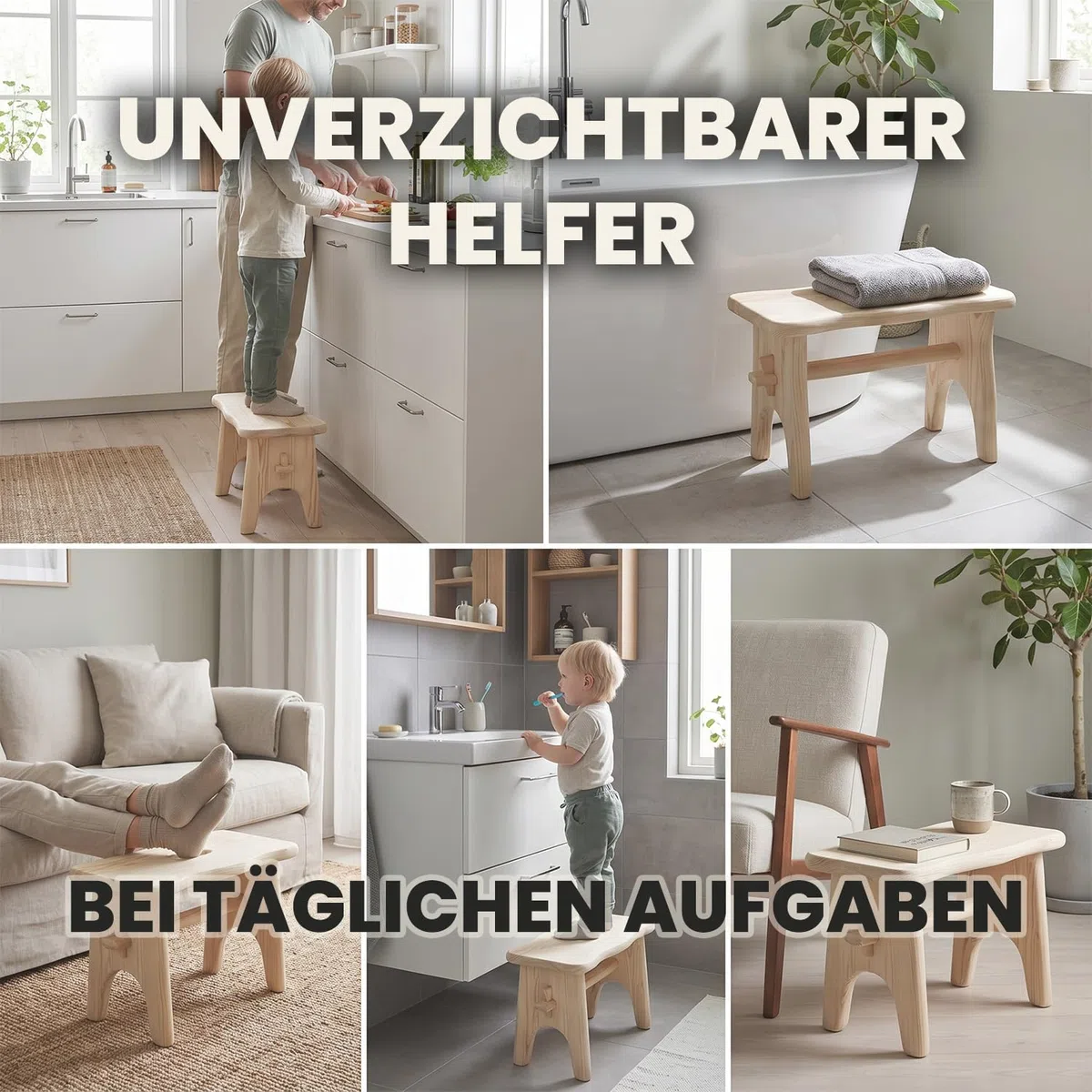 Kleiner Hocker Holz, Keine Montage, kein Kleben, 40 x 20 x 20 cm | 40 x 20 x 20 cm, Kiefernholz massiv, Mit Tragegriff, Leicht und stabil, Für den täglichen Gebrauch, Platzsparend