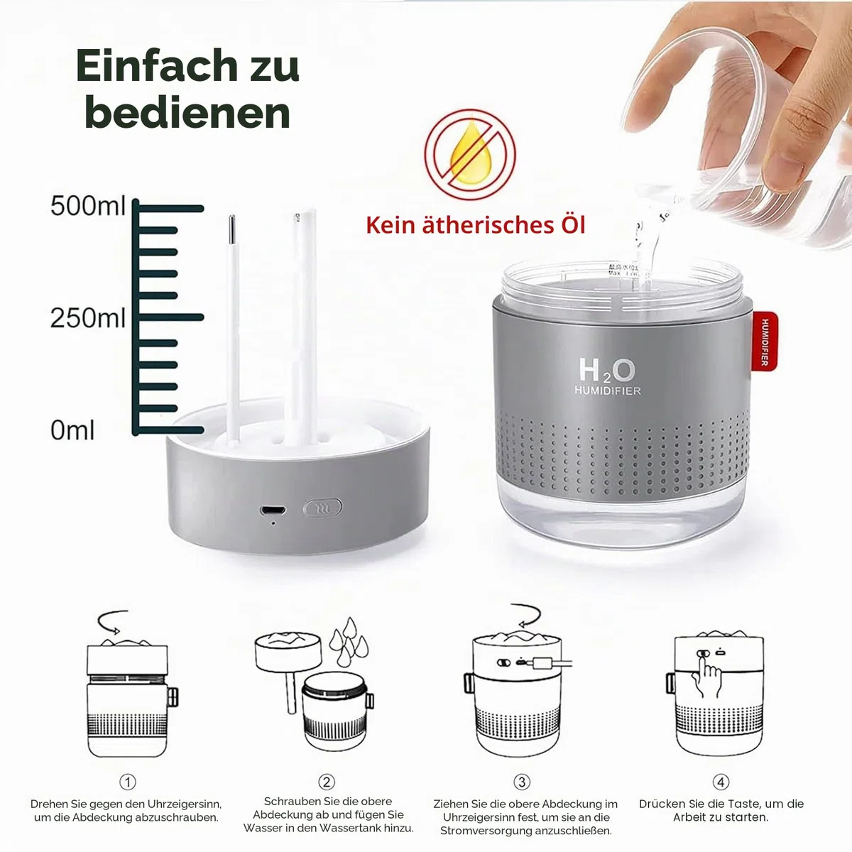 Luftbefeuchter Schlafzimmer, Vintoney 500 ML USB Raumbefeuchter Humidifier Kinderzimmer Pflanzen Humidifiers Luftfeuchter Air Ultraschall Leise Tragbarer Mini für Haus Yoga Büro+2 Filter