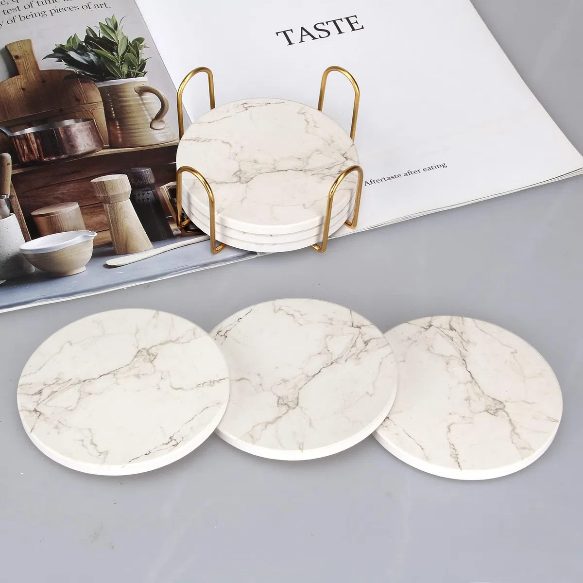 6 Stück Marmor Untersetzer Gläser mit Halter Keramik Getränkeuntersetzer Glas Untersetzer-Set Tischuntersetzer für Couchtisch Deko Stein Tassenuntersetzer Coasters for Home Decoration Kaffeetersetzer