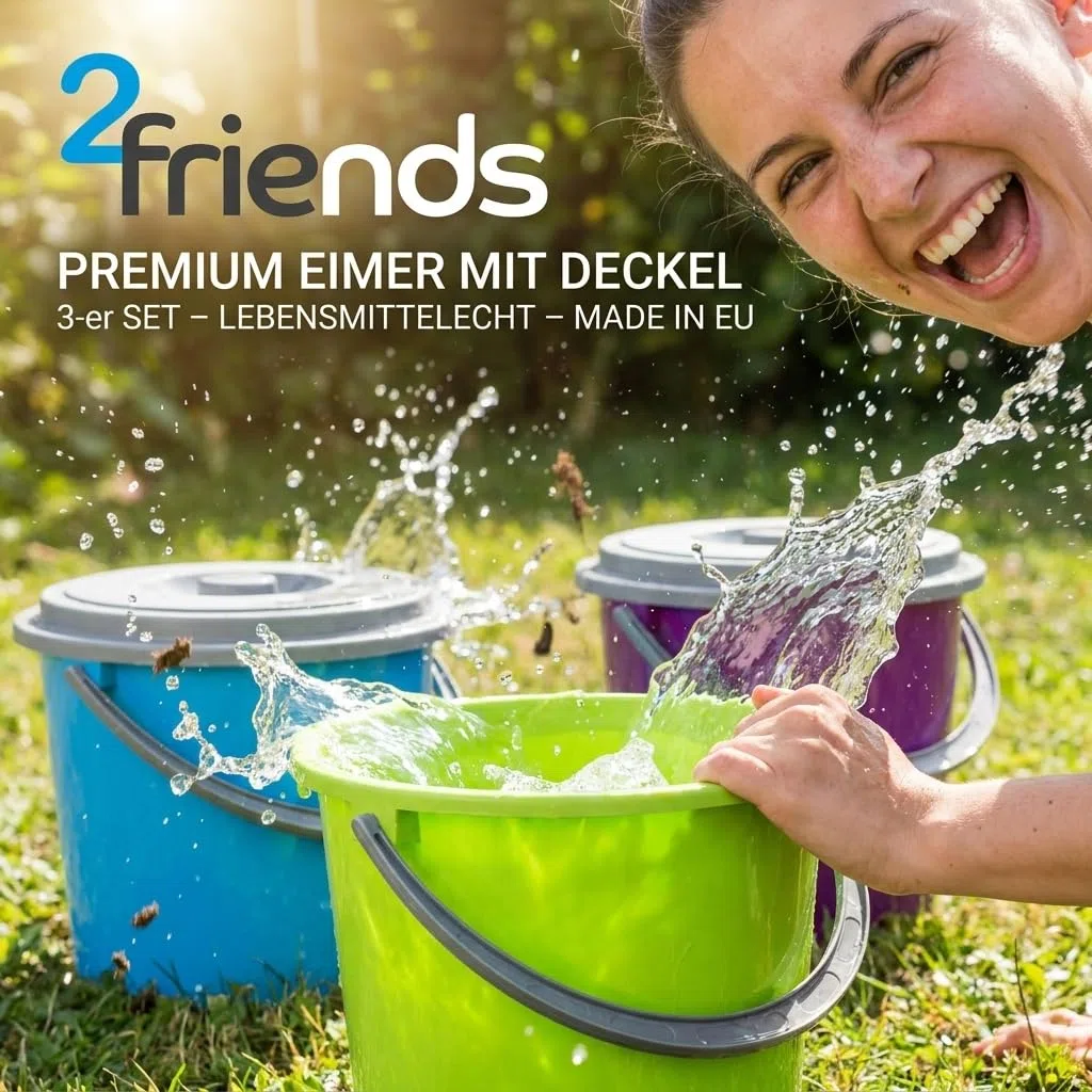 Eimer mit Deckel 10l 3er Set, Kübel mit Deckel Putzeimer 10l Kunststoff, Lebensmittelecht, Stapelbar, Made in EU