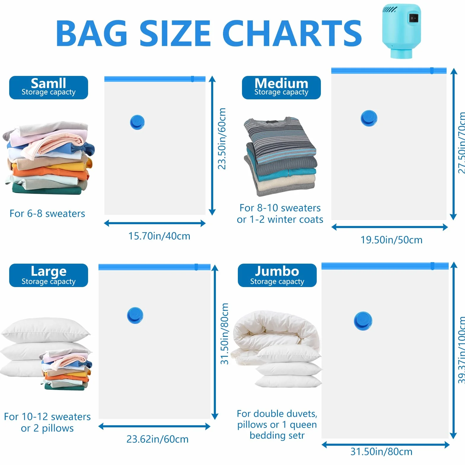 Vakuumbeutel für Kleidung Bettdecken mit Elektrische Pumpe 10 Stück, 2XL+2L+2M+4S Wiederverwendbar Vacuum Bags für Lagerung für Bettwäsche Kissen,Umzug und Reise, Vacuum bags for clothing