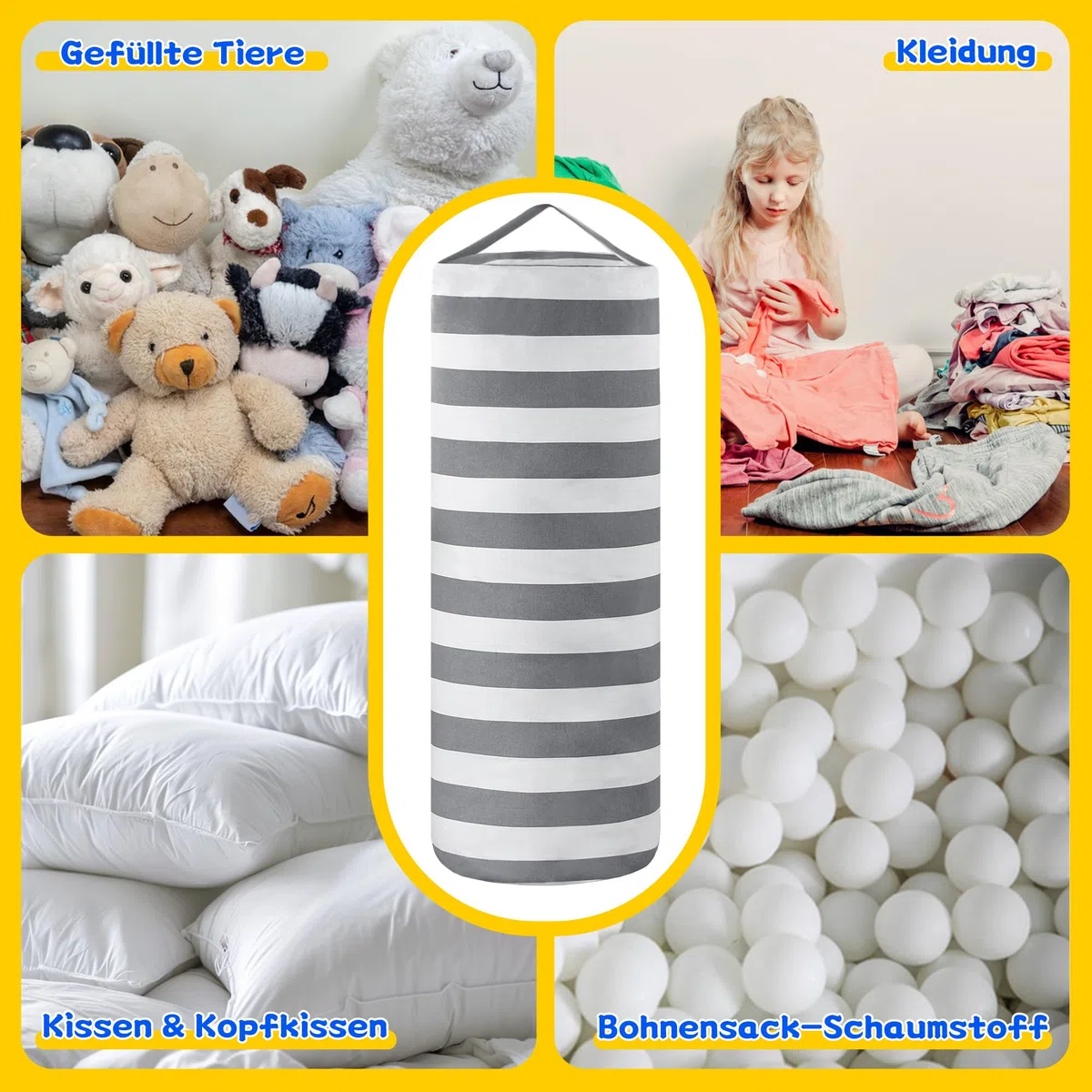 Sitzsack-Bezug zur Aufbewahrung von Stofftieren für Kinder, Plüschtiere, Organizer-Taschen, ein durchgehender Reißverschlusszylinder, Zimmermöbel-Dekor – Organisieren, Sitzen, Spielen, Boxen