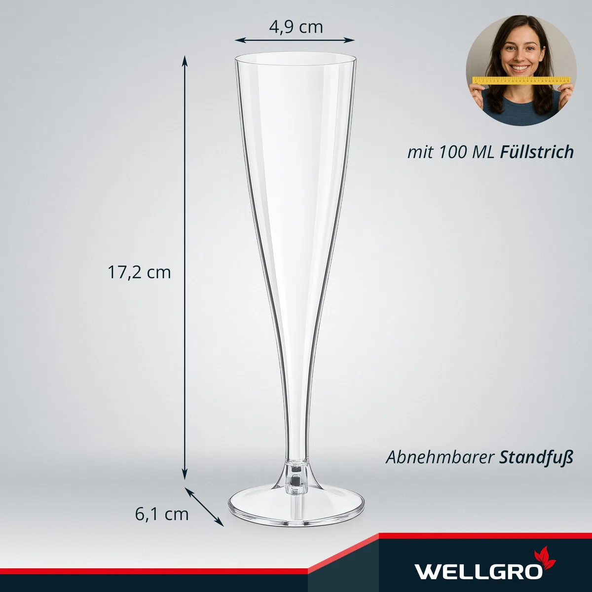 WELLGRO Sektgläser Set aus Kunststoff 100ml mit Eichstrich Sektkelch glasklar BPA-frei Mehrweg Wiederverwendbar Champagner Prosecco, Stückzahl:30 Stück