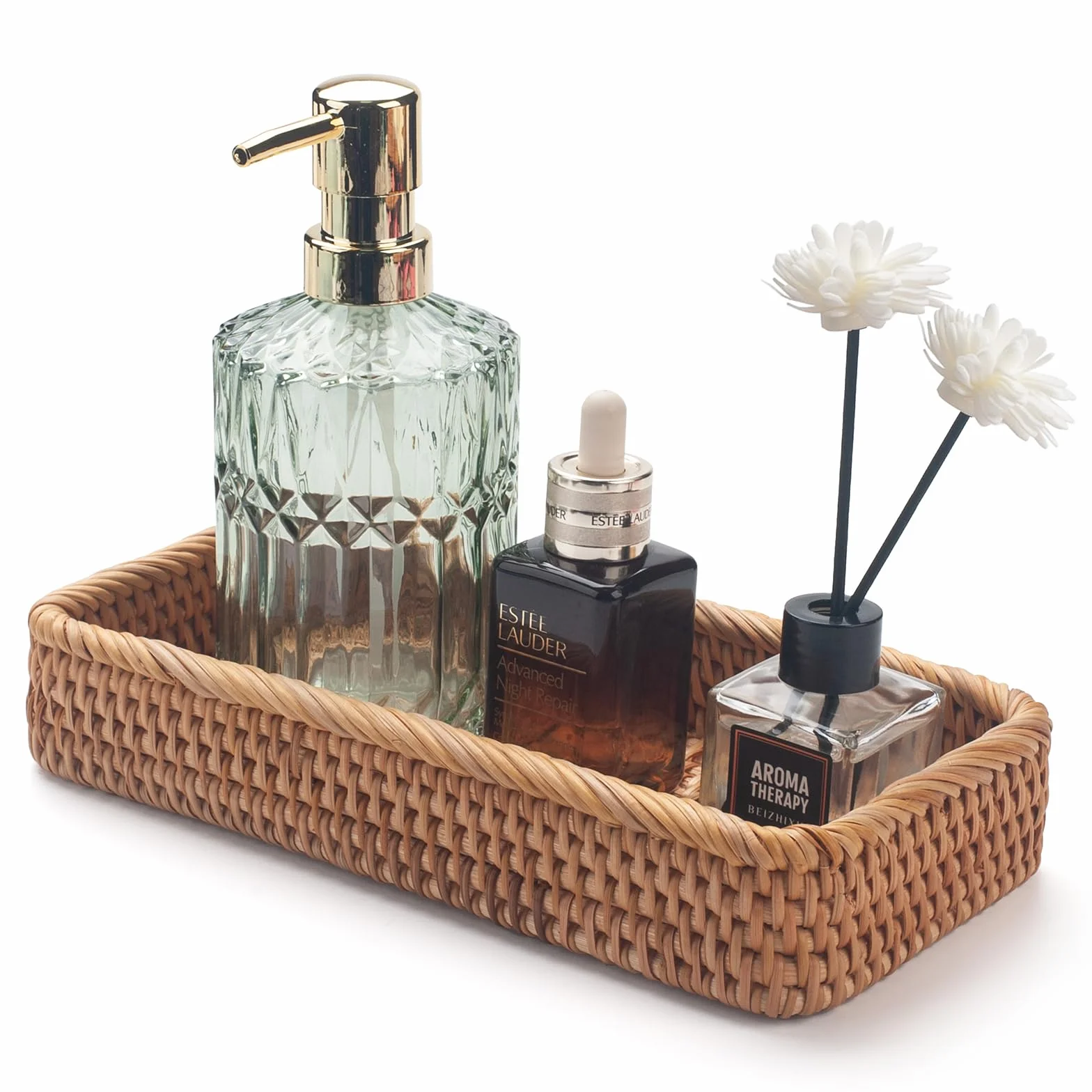Rattan Badezimmer Eitelkeit Tabletts Toilettenbehälter Korb Aufbewahrung Lange Schmale Handtuch Aufbewahrungskorb für Lagerung, Dekorativ (Natürliche 26 x 12.5 x 4cm)
