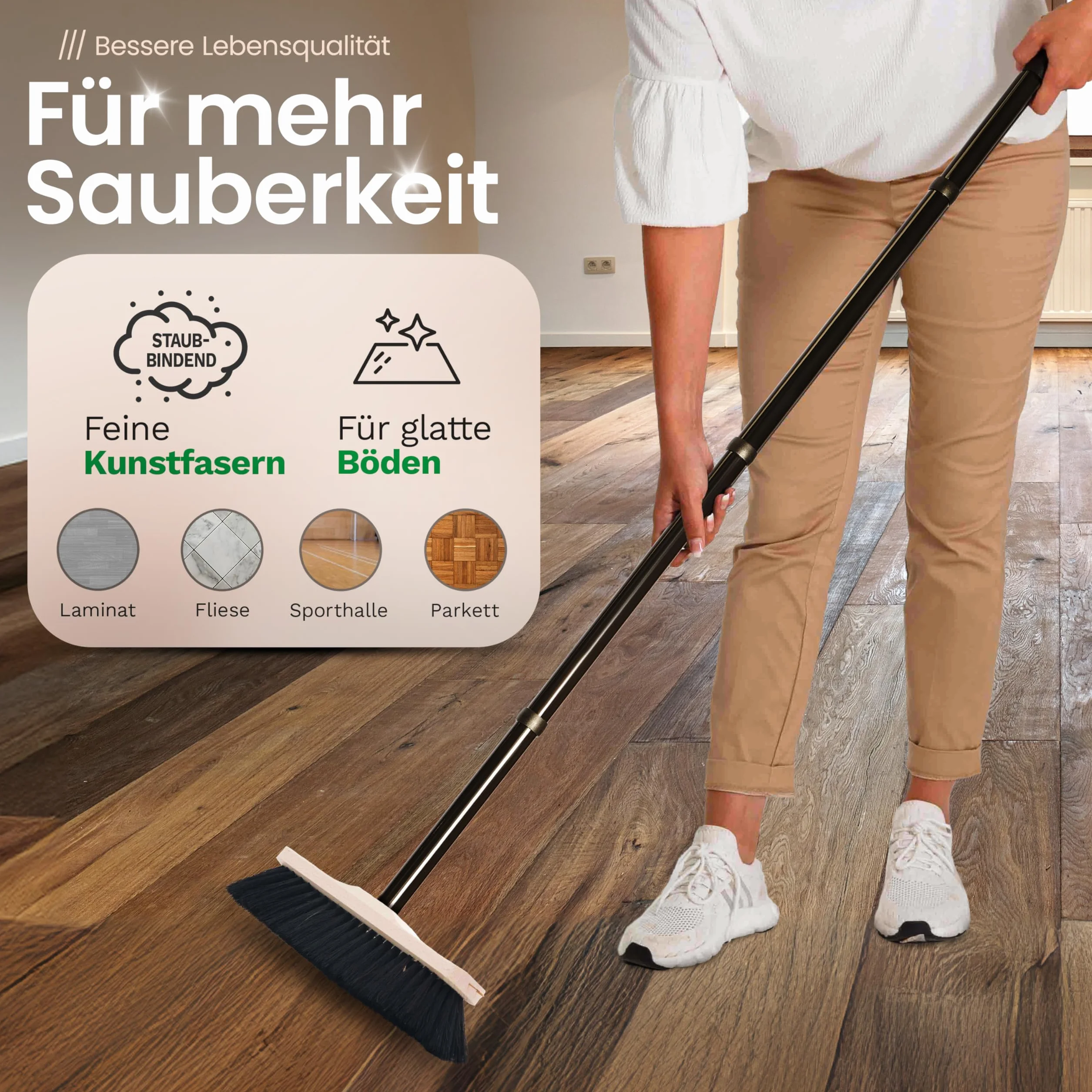Novaliv Zimmerbesen mit Stiel stabil ECHTES ROSSHAAR Besen weiche Borsten Schrankbesen 4 TLG Steckstiel Gemischter Rosshaarbesen Besen für Laminat und Parkett Rosshaarbesen Naturborsten Stubenbesen