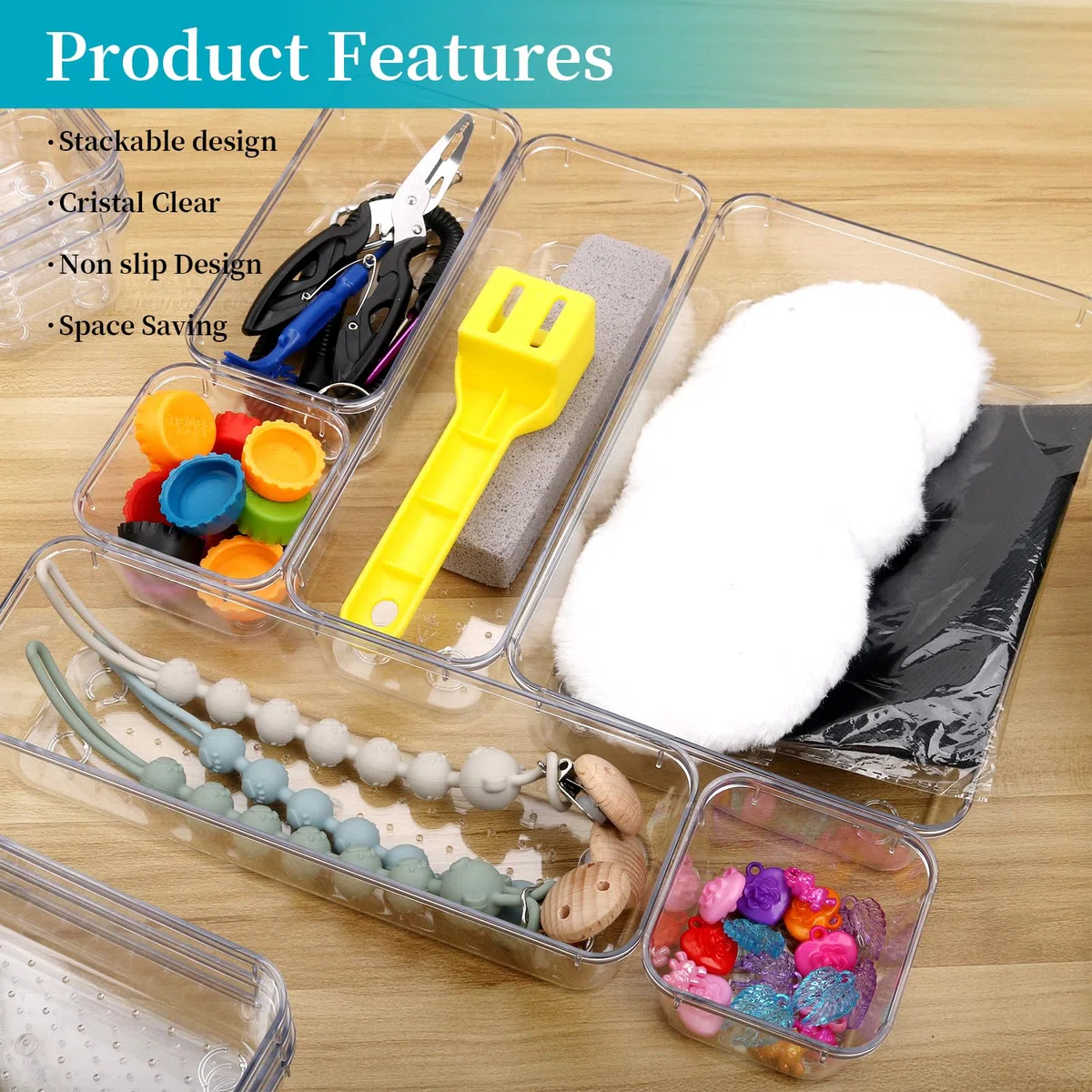 7-teiliges Schubladen-Organizer-Set, Make-up-Organizer-Tablett für Schubladen, transparentes Kosmetik-Behälter-Tablett für Büro, Schlafzimmer, Küche, Schmuck und Gadgets