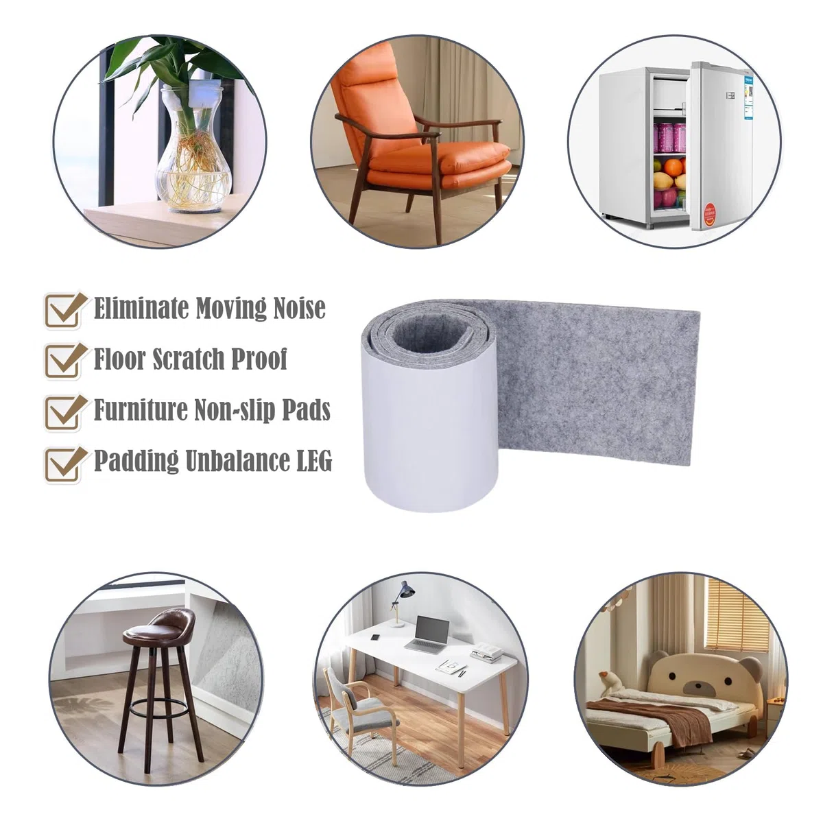 Filzgleiter Selbstklebend, Filz Selbstklebende,Filzgleiter für Stühle,Schneiden Sie Jede Form Filzband,für Stühle Vasen Sofas Schreibtische,4m*5cm*3mm(Grau)