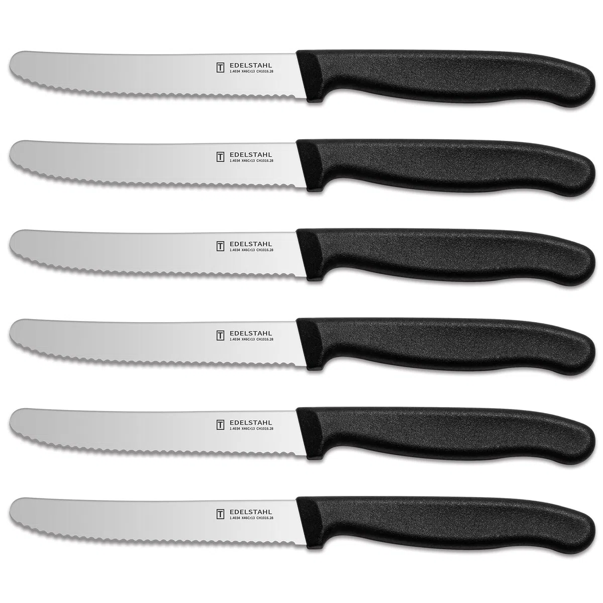 Frühstücksmesser 6 Stück,Hochwertige Edelstahl Tafelmesser,Langlebiges Brötchenmesser,Kunststoffgriff Tomatenmesser Wellenschlif,Schwarzes Brotzeitmesser,Scharfe Messer&Spülmaschinenfest