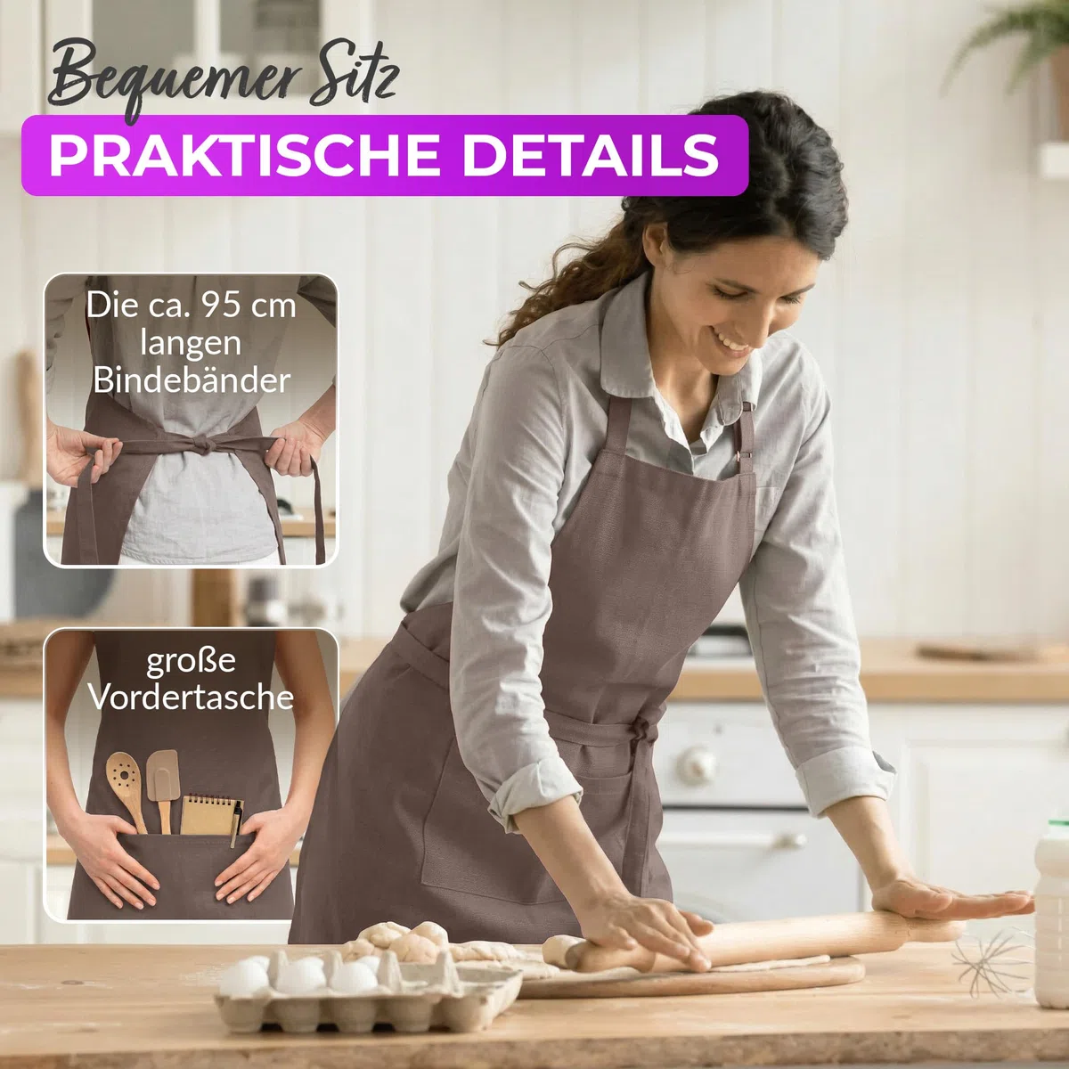 EllaTex Küchenschürze Unisex – Kochschürze 100% Baumwolle, verstellbar, mit Tasche, für Küche, Grill, Gastronomie & Service