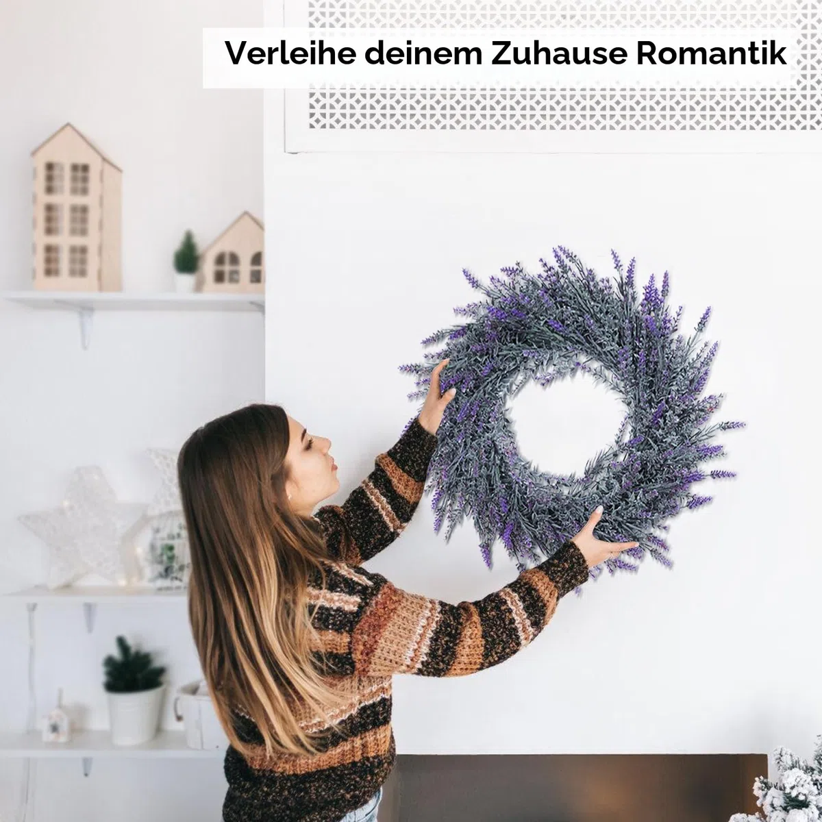 Lavendel-Kranz für die Haustür,48 cm/19 Zoll, künstlicher Frühlings-/Sommer/Valentinstags, Ganzjahres mit UV-Schutz, Landhausstil, für Hochzeiten, Partys, Zuhause, Wand oder Kamin