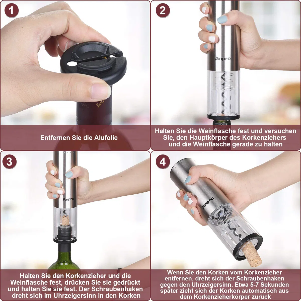 Anpro Korkenzieher Elektrisch, Elektrischer Korkenzieher Set, Automatische Weinöffner Flaschenöffner mit Folienschneider, Vakuum Stopper und Ausgießer, Silber