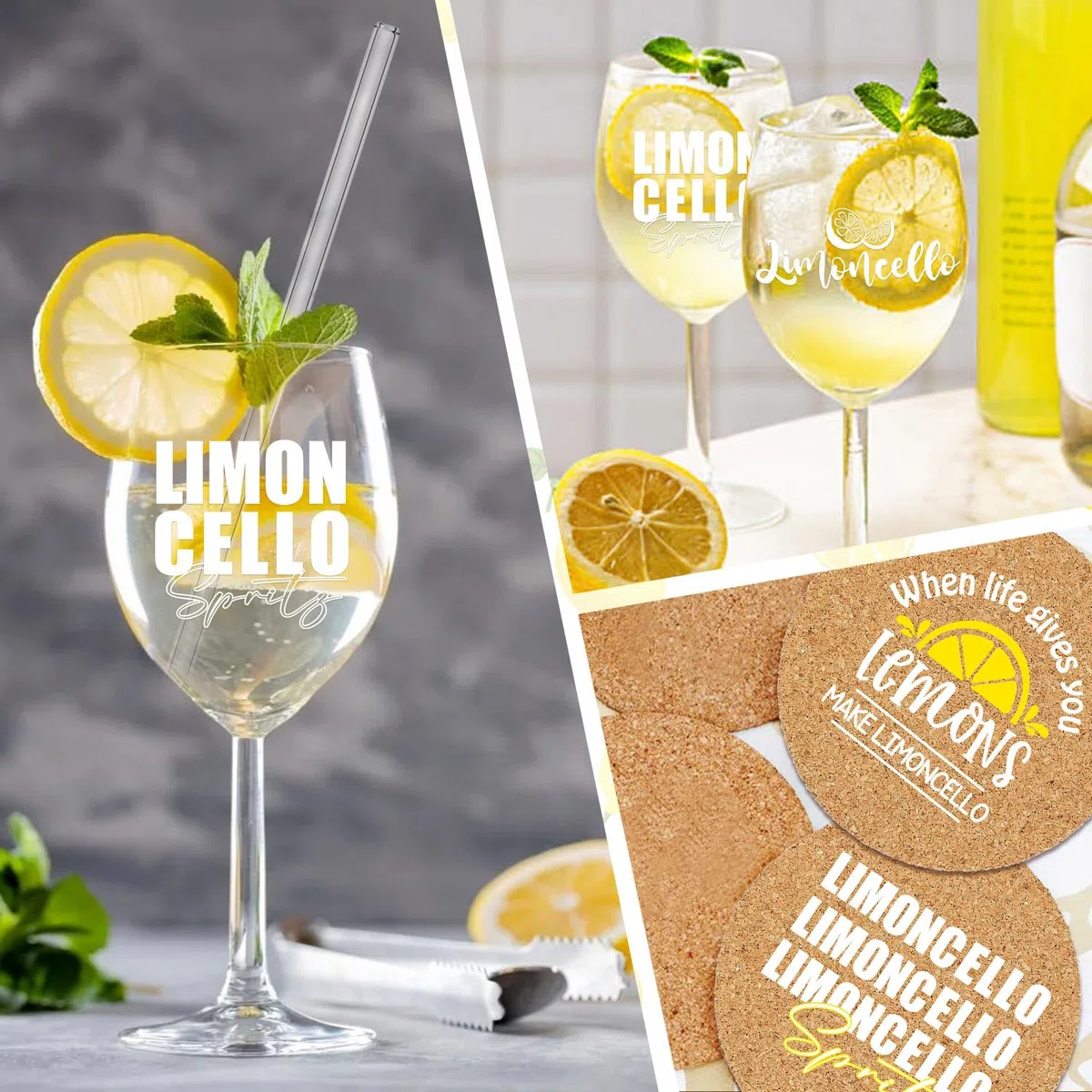2er Set Limoncello Gläser Geschenkset - Premium Limoncello Aperitifglas∣Glasstrohhalme∣Korkuntersetzer, Ideal Geeignet für Aperitif Fan