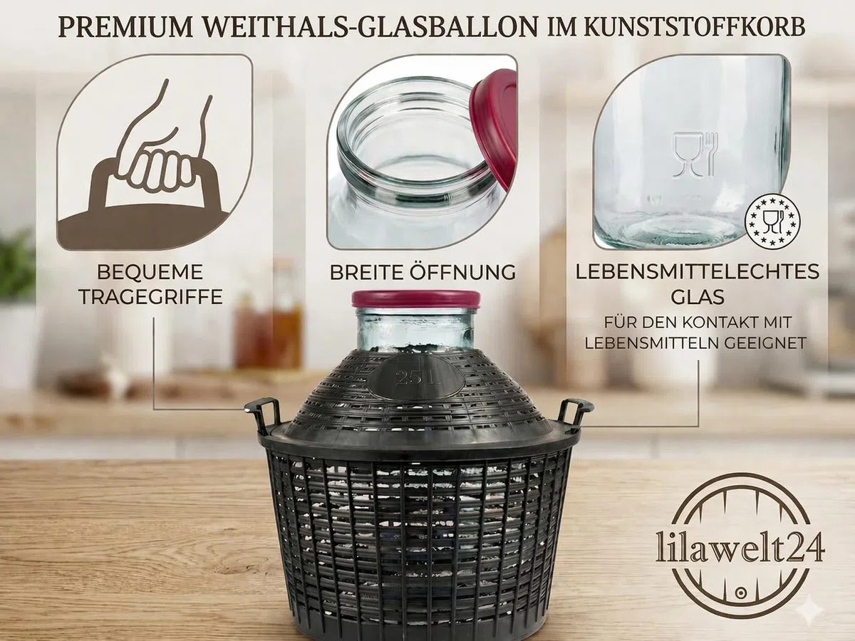 Weinballon mit weitem Hals Glasballon Weithalsballon Gärballon, Gärbehälter Weite Öffnung Weithals-Ballon im Kunststoff-Schutzkorb Ideal zum Ansetzen, Lagern und Vergären (5 L)