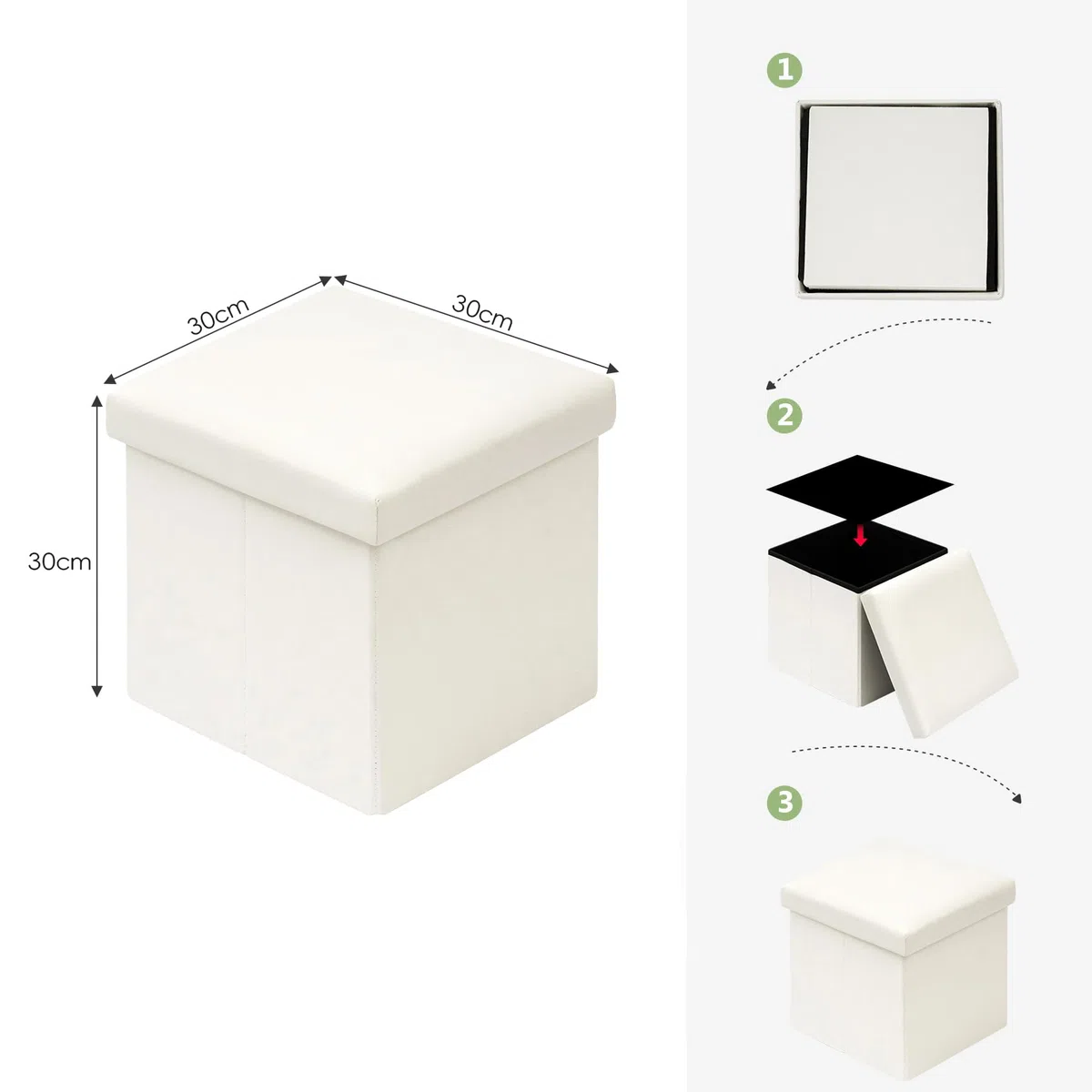 Bonlife Weiß Pouf Hocker Imitationsleder Kiste mit Deckel Sitztruhe Schlafzimmer Möbel Faltbare Truhe Aufbewahrung Maximale Belastung 150kg 30x30x30cm