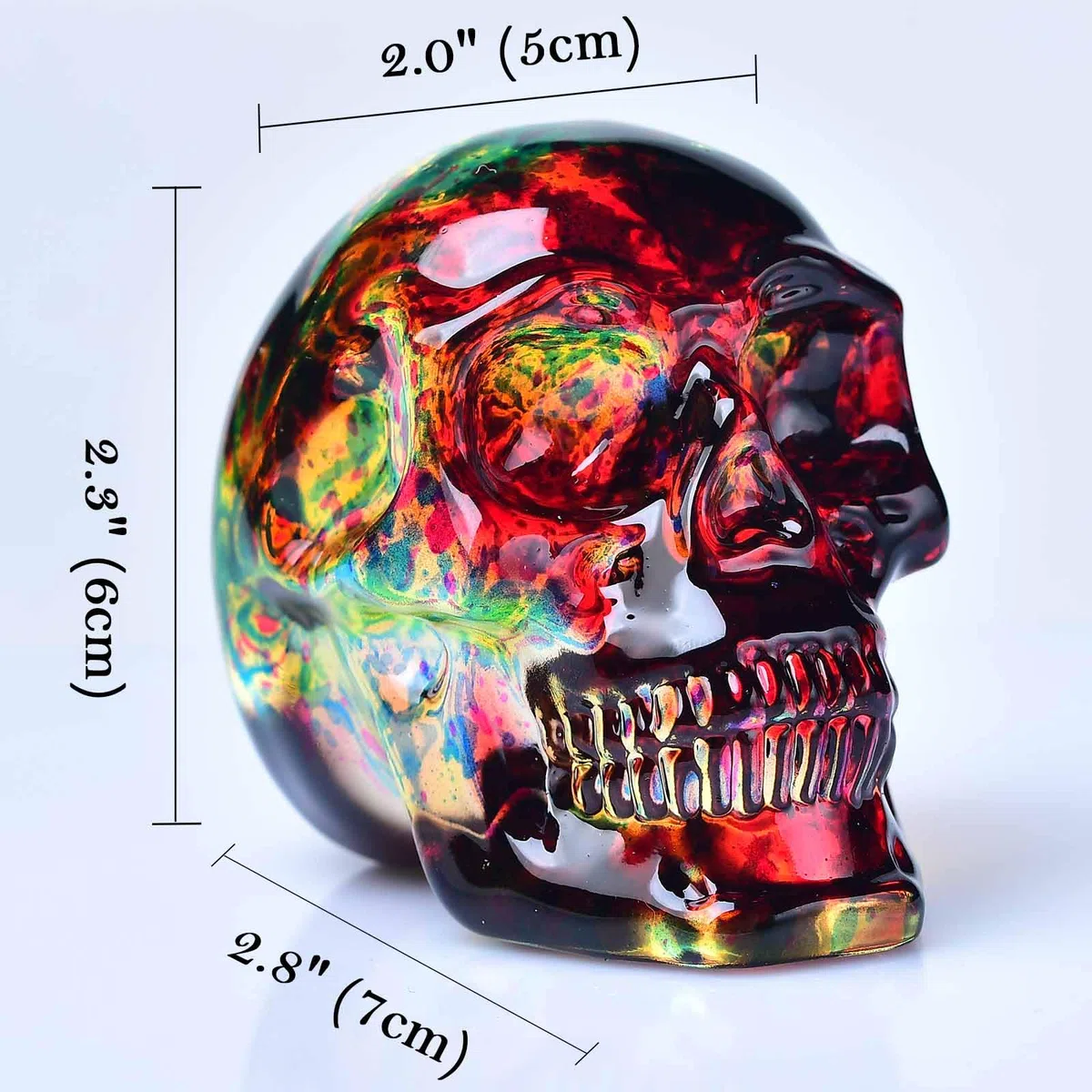 Kristall-Totenkopf-Statue – Glas-Totenkopf-Figur, Edelstein, Halloween-Dekoration, Geschenke für Frauen, Rot und Gelb, 7,1 cm