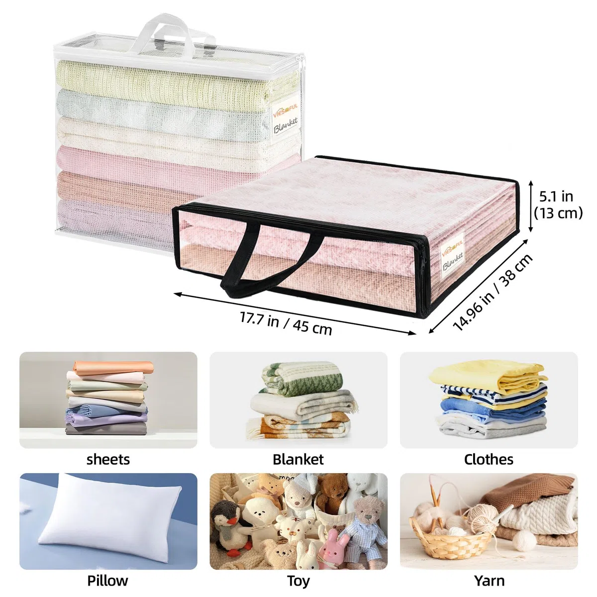 Vieshful 6 Stück Klare Aufbewahrungstaschen mit Etikett 22L – PVC Netz Aufbewahrungsbeutel mit Reißverschluss für Kleidung Aufbewahrung, Decken, Bettwäsche, Spielzeug, Unterbett Aufbewahrung,Schwarz