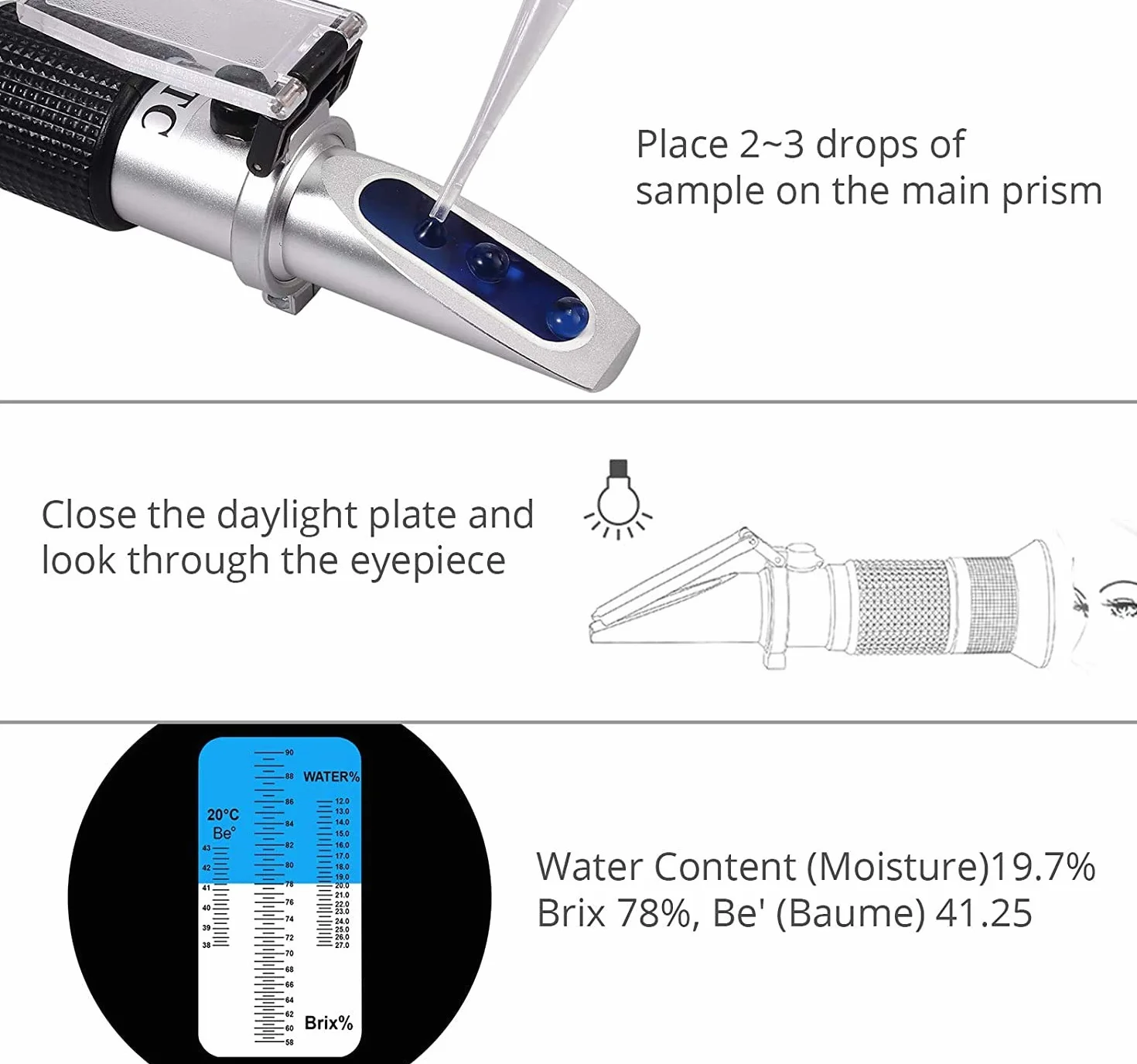 RGBS Honigrefraktometer, Brix, Baume und Wasserfeuchtigkeit 3-in-1 Honigtester mit ATC. 58-90% Brix, 38-43 Be' und 12-27% Wasserfeuchte-Messbereich für Honig, Bienenzucht
