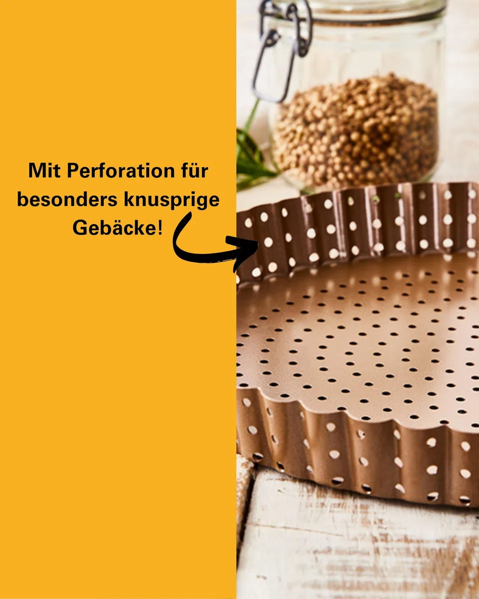 Birkmann Tarteform mit Hebeboden, perforierte Quicheform & Pizzaform für knusprigen Boden, runde Backform aus Karbonstahl mit Antihaftbeschichtung, Wellenrand, Höhe 3 cm, Bronzefarben | Ø 30 cm