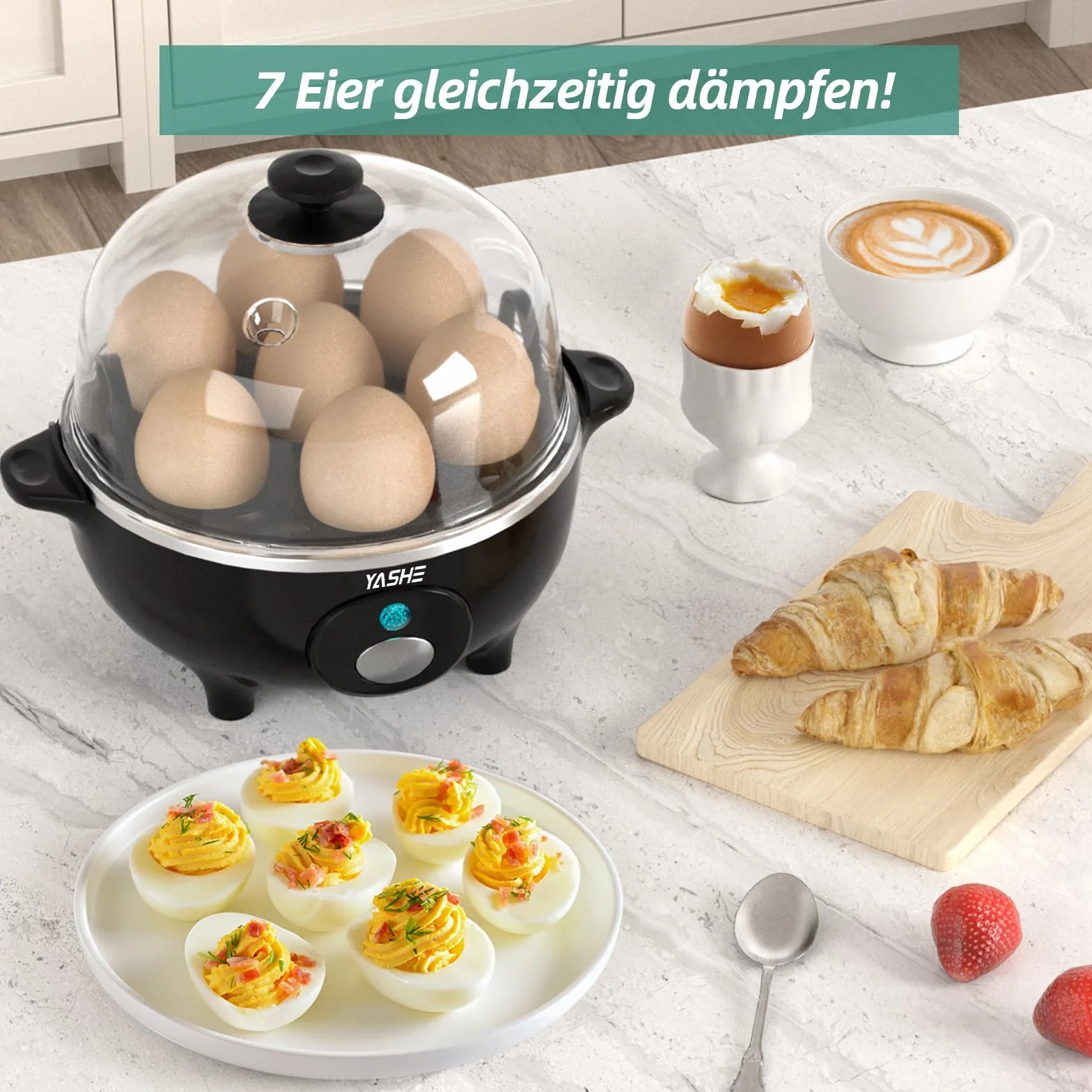YASHE Eierkocher, 360W Kompakter Egg Cooker Multifunktional, 7 Eier leicht zu Pellen, Weich, Mittel, Hart Gekocht, Eierbecher, Omelett-maker, Dampfgarer, Signalton, Kontrollleuchte, BPA-frei