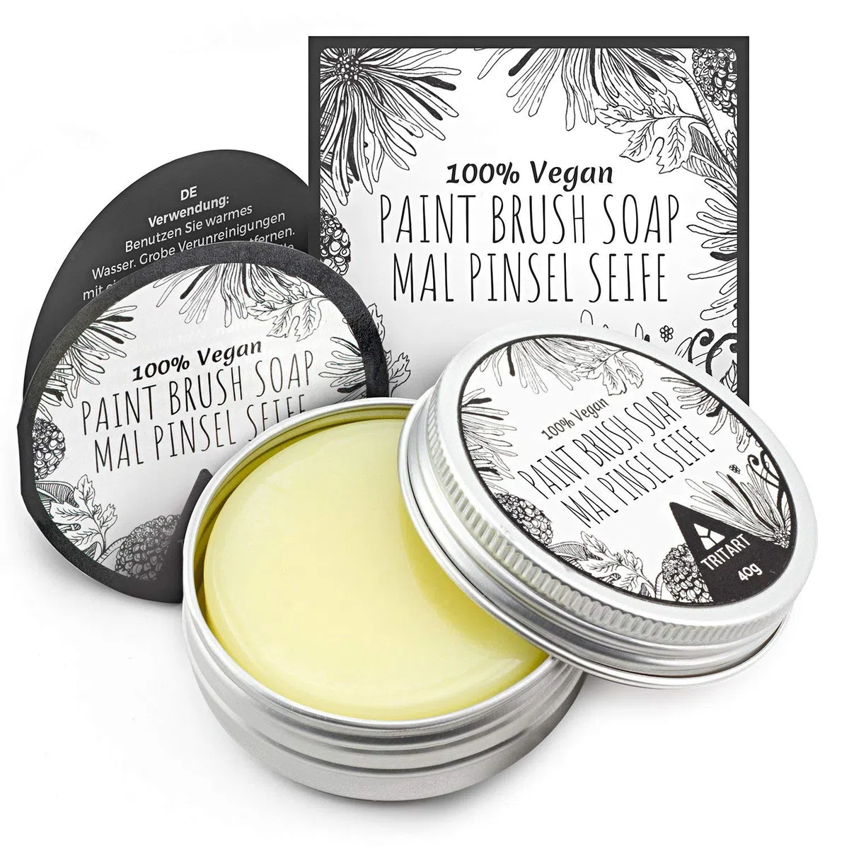 Tritart Pinselseife Künstlerbedarf 40g - Pinselreiniger Acrylfarbe und Aquarell - Brush Soap Pinsel Seife - Malpinsel Reiniger Malen - Pinsel Reinigung - Pinselwascher vegan