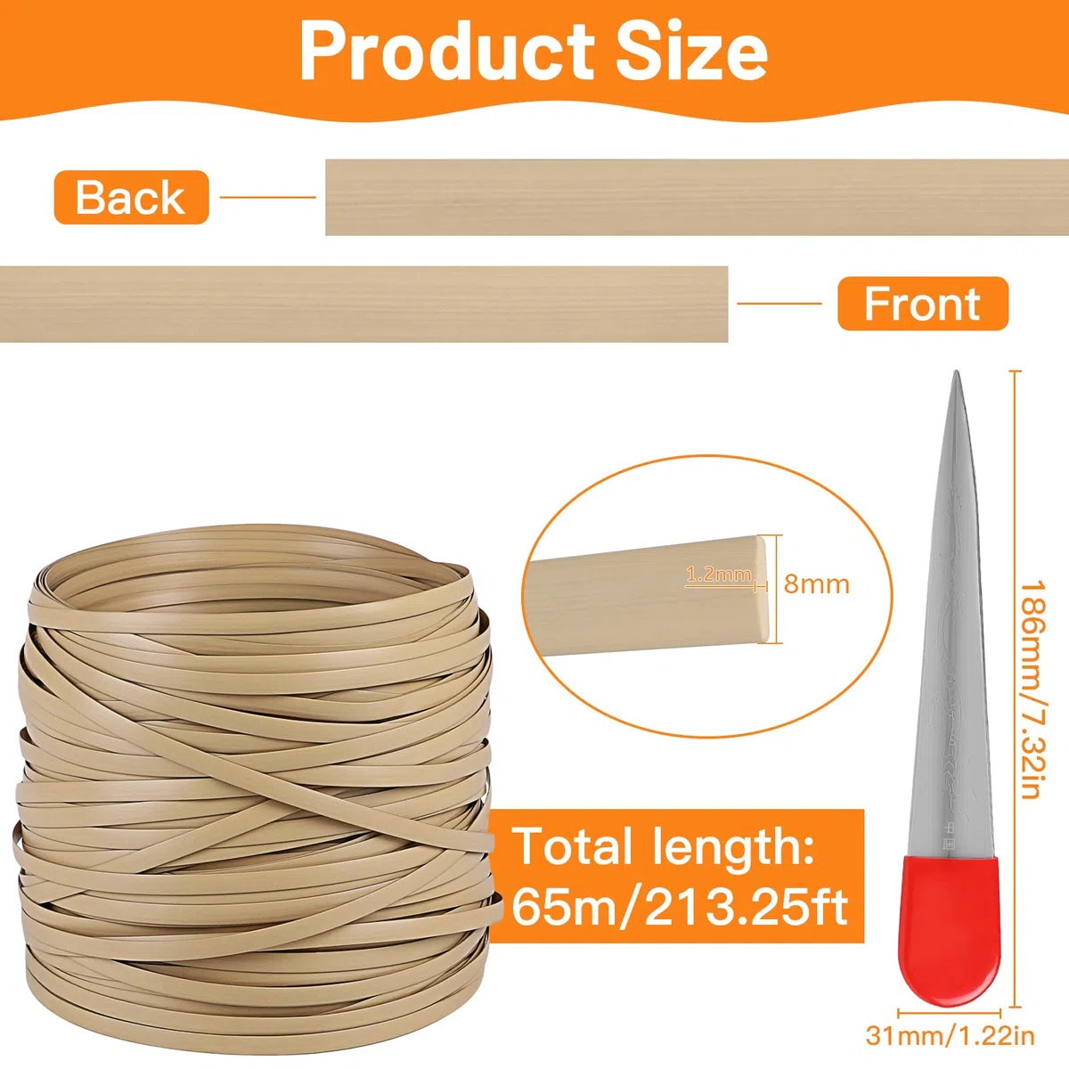 DBREAKS 65m Kunststoff Gewebtes Rattan, Flach, PE-Rattan, Webwerkzeug, Synthetische Rattan Reparaturmaterial, für Outdoor Rattan Möbel Reparatur,Rattan-Stuhl, Tischkorb(Beige)