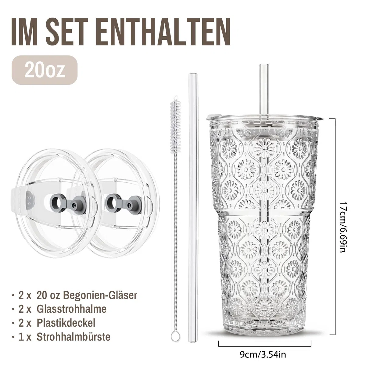 SoulTimes 600 ml Glasbecher mit Deckel und Strohhalm, 2 Stück – Eiskaffee-Gläser To Go, Trinkbecher für Smoothie, Matcha, Saft & Wasser, auslaufsicher, perfekt für Alltag und unterwegs