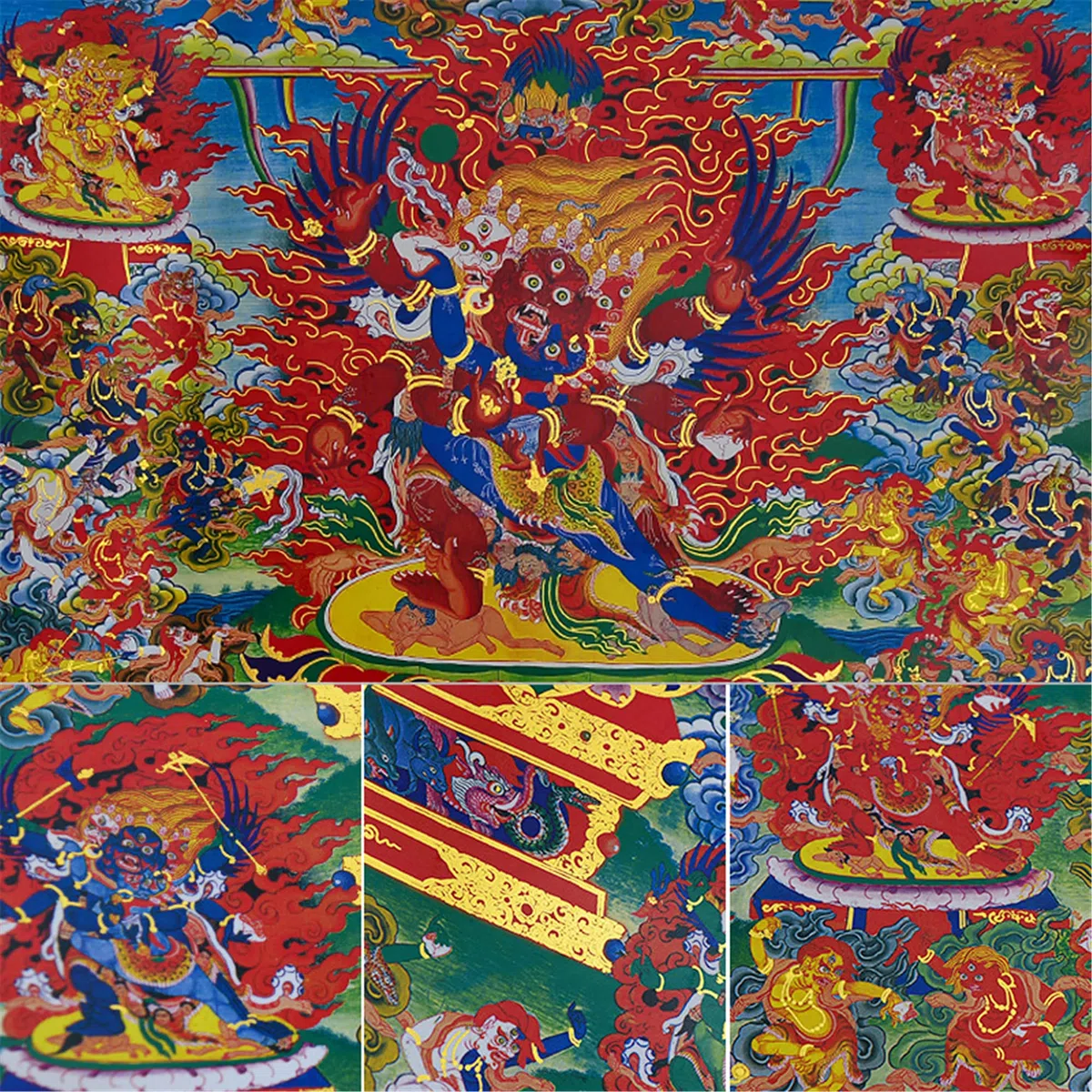 Gandhanra Thangka Tibetische Wandbehang,58 Wrathfu Gottheiten des Bardo Thodol (Tibetanisches Totenbuch),Heißgeprägter Buddha Wandteppich für Zen Wohnkultur, Meditation, Spirituelle Entspannung