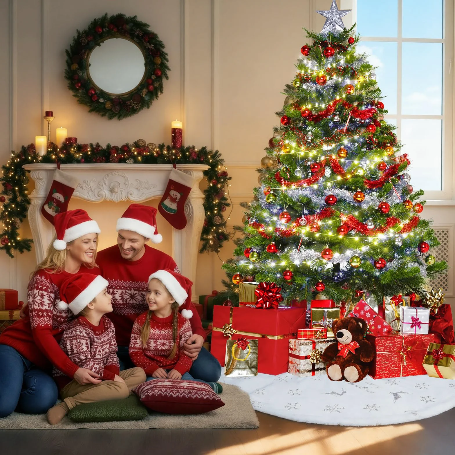 Weihnachtsbaumdecke Rund, 115cm Weihnachtsbaumrock mit Silber Elch Schneeflocke Pailletten, Weihnachtsbaum Teppich Weiß Christbaumdecke Rund, Christbaumständer Decke für Weihnachtsdeko (Silber)