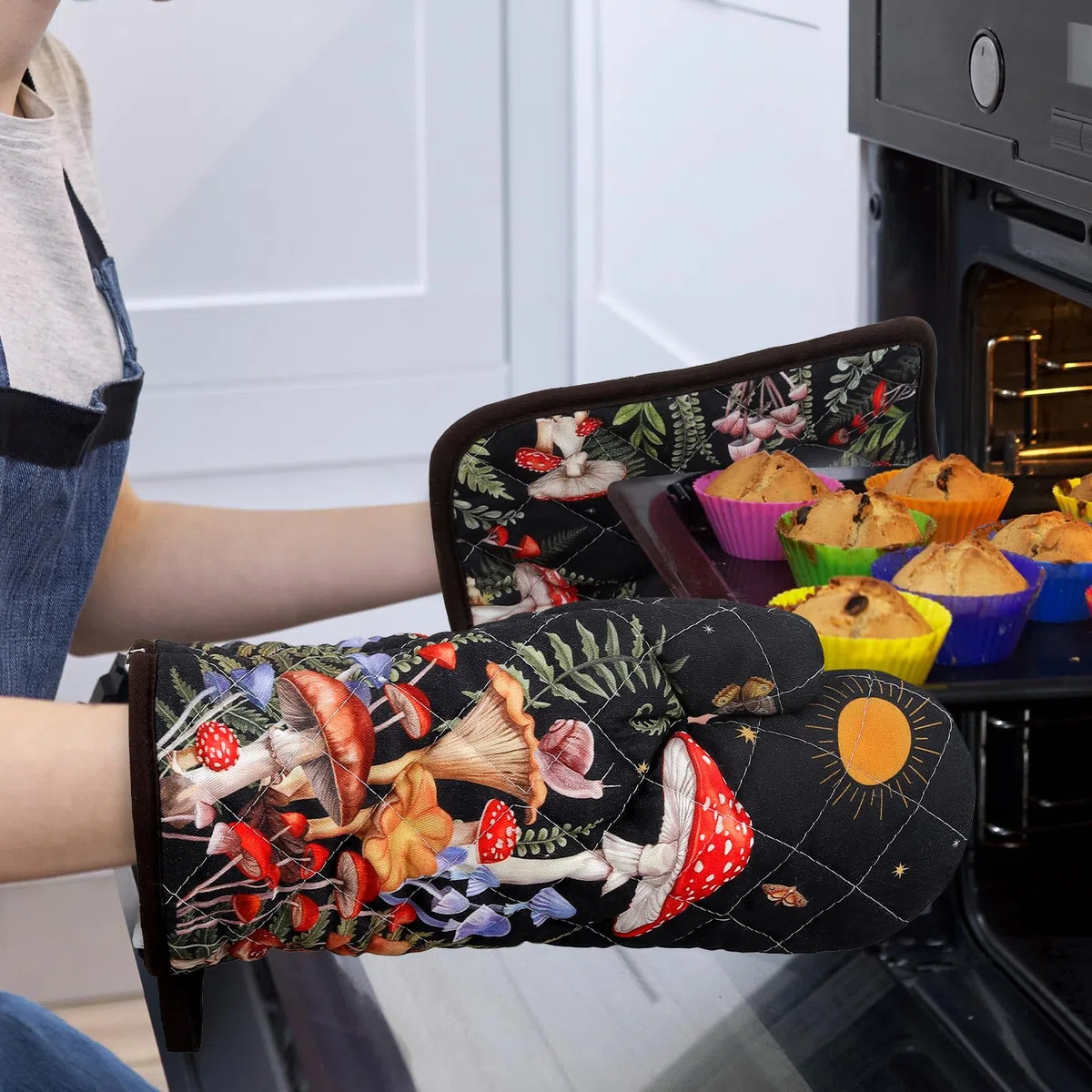 Ofenhandschuh und Topflappen Pilz 4er Set, 100% Baumwolle Kochhandschuhe, Hitzebeständiger Küchenhandschuh Zum Kochen Backen Grillen Geschenk