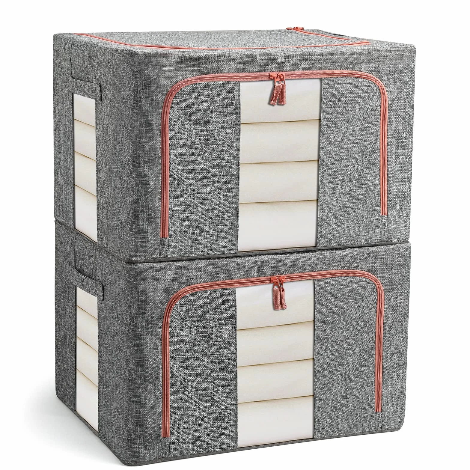 Kleideraufbewahrung Box 2 Stück, Kleiderschrank Organizer Faltbar Aufbewahrungsbox mit Metallrahmen und 2 Fenster, Aufbewahrungstasche für Kleidung, Bettdecken, Decken, Bettwäsche, Grau(22L)