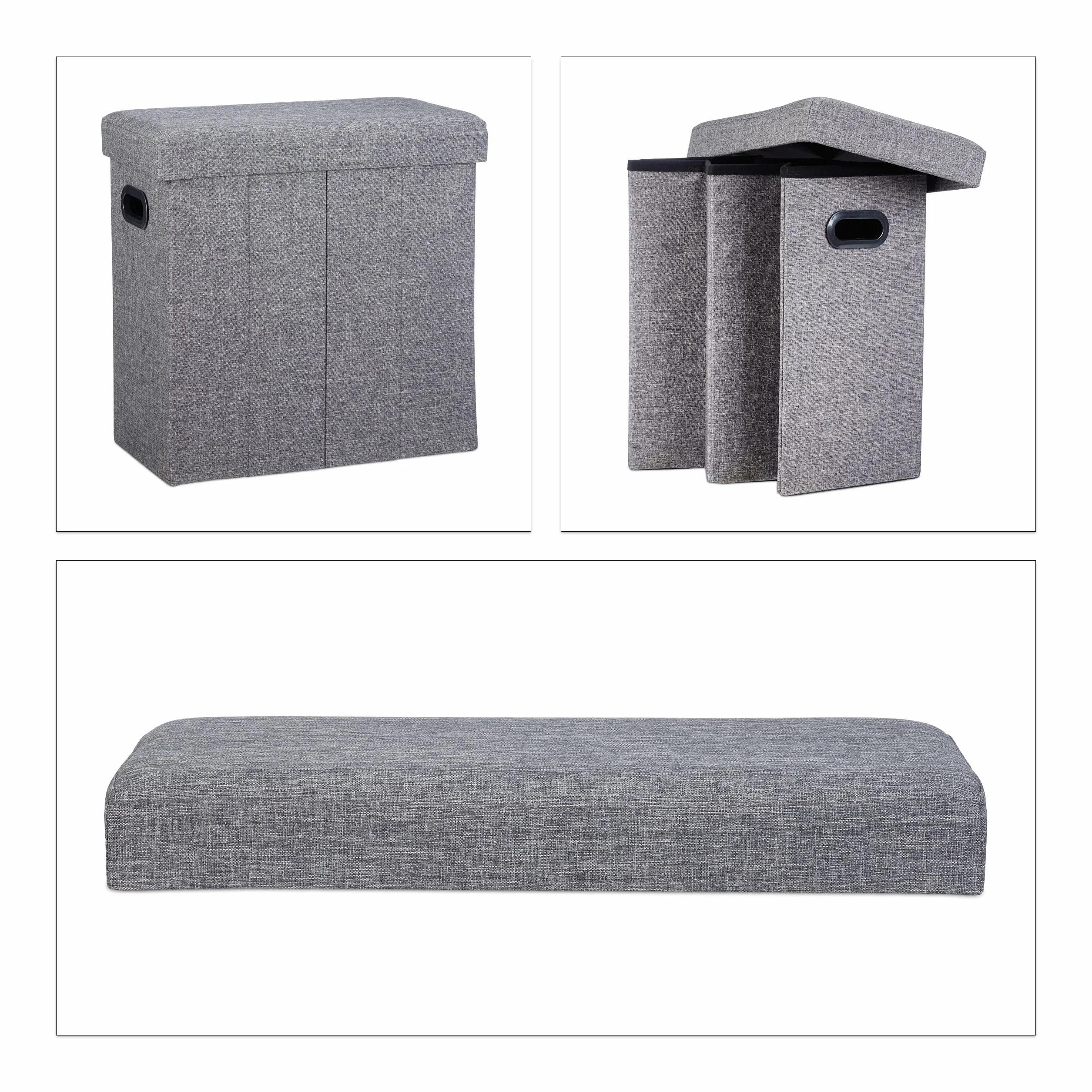 Relaxdays Faltbarer Sitzhocker, HxBxT: 49,5 x 46 x 25,5 cm, mit Stauraum, Griffe, Leinen, Polyester, MDF, dunkelgrau