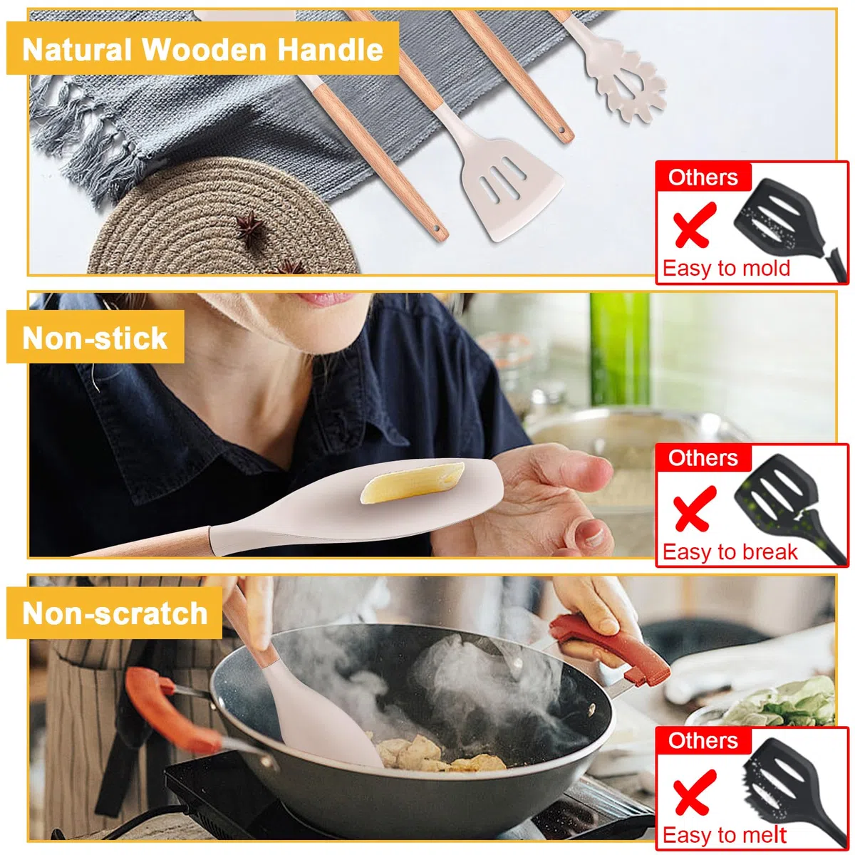 12 Stück Küchenhelfer Set, Silikon Küchenutensilien Set, Antihaft Hitzebeständiger Holzgriff Kochbesteck mit Utensilienhalter, Silikonspatel Kochgeschirr Set, Spülmaschinengeeignet (Khaki)