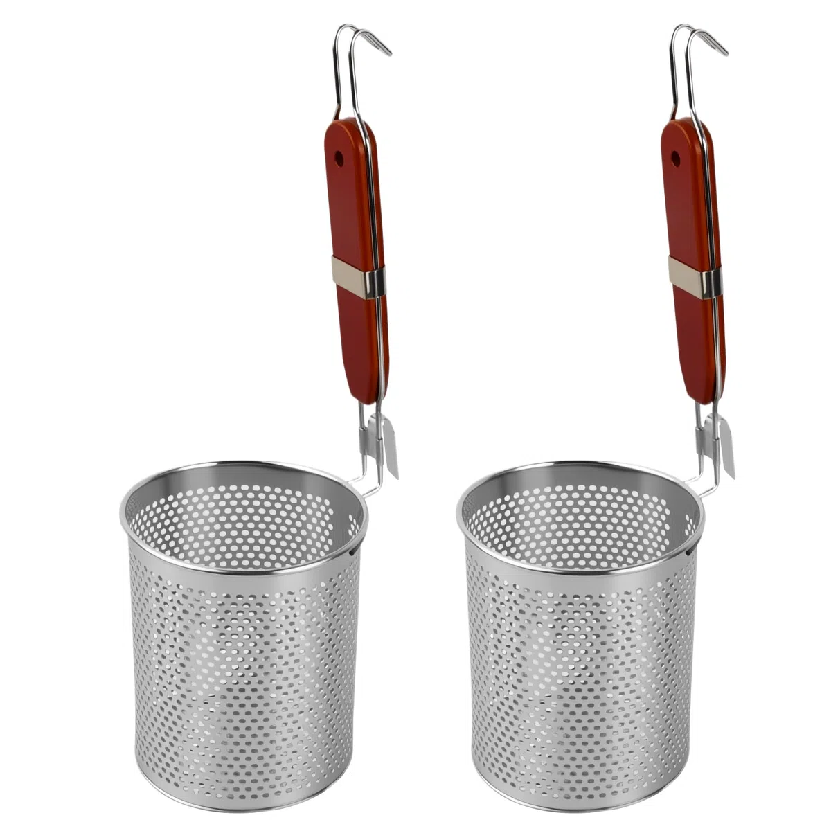 2 Stück Mikroperforiertes Edelstahl Nudelsieb, 12 cm Nudelkorb mit Holzgriff, Pasta Abseihlöffel, Tiefes Küchensieb für Knödel, Spaghetti, Obst, Knödel, Lebensmittel