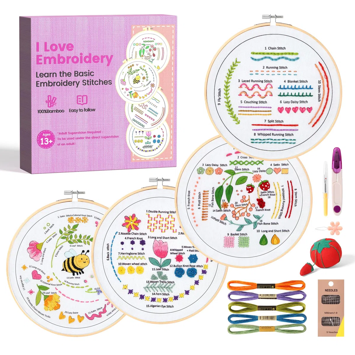 MAKEASY Stickerei Set,Stickerei Starter Kit, Bambus Stickrahmen, Kreuzstich Tools für Erwachsene und Kinder Anfänger