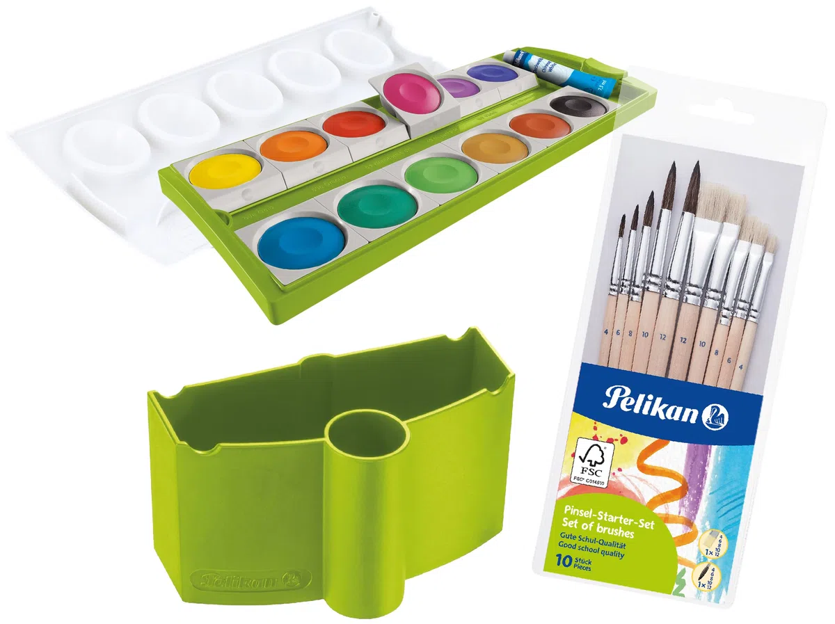 Pelikan Wasserbox 808246 für Deckfarbkasten Schul-Standard blau (Grün - Komplett-Set)