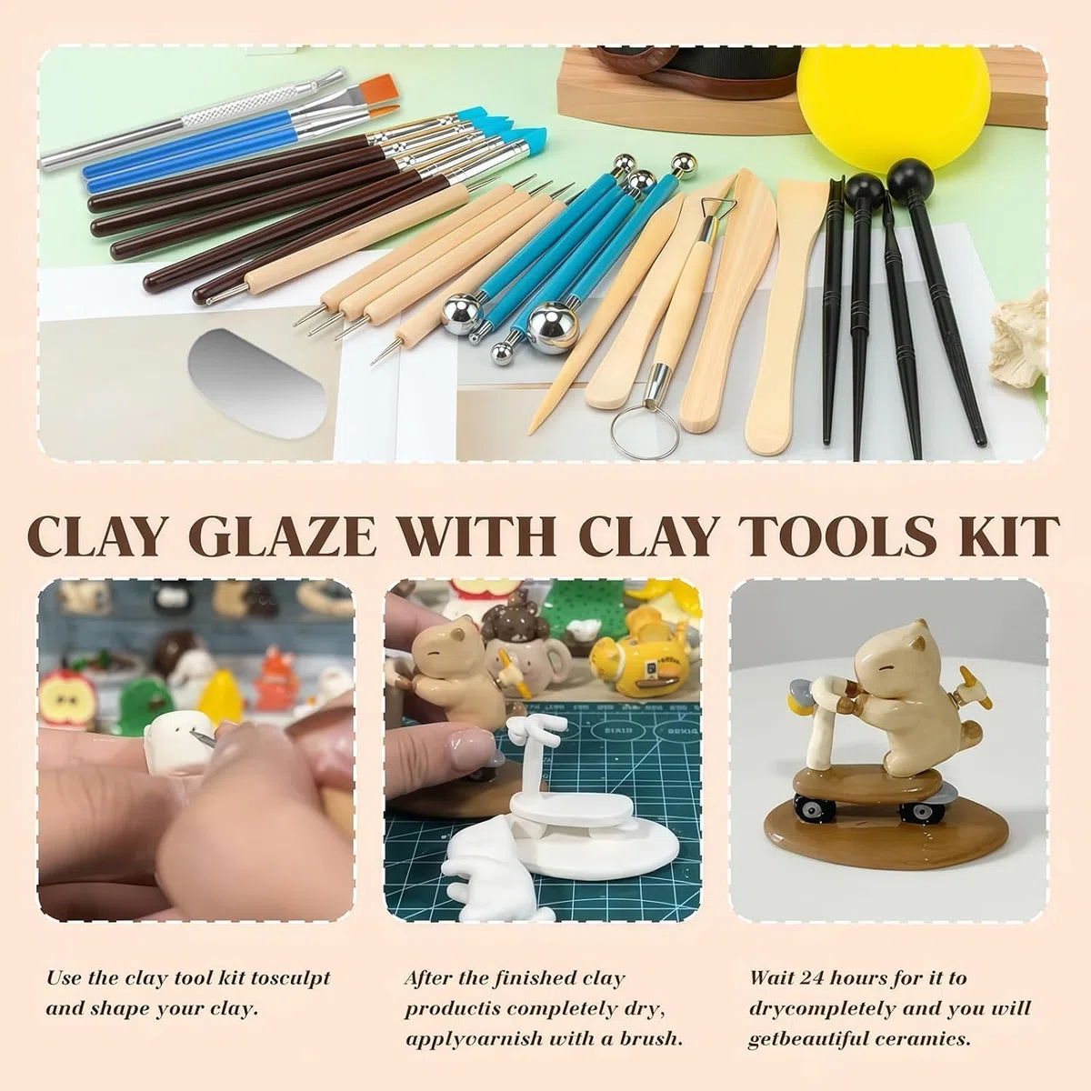 120ml Air Dry Clay Glaze - 30Pcs Tonglasur mit lufttrocknendem Ton Werkzeug Set, Modellierwerkzeug Werkzeug mit Aufbewahrungstasche, Perfektes Töpfer Zubehör für Künstler und Anfänger
