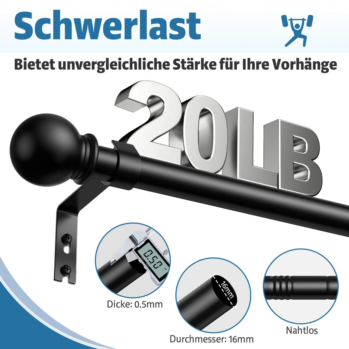Gardinenstange Schwarz 81-314cm, Vorhangstange Schwarz 16 mm Durchmesser, Metall Gardinenstange mit Kugelkopf Enden für Schlafzimmer, Wohnzimmer und Küchen, Schwarz Matt