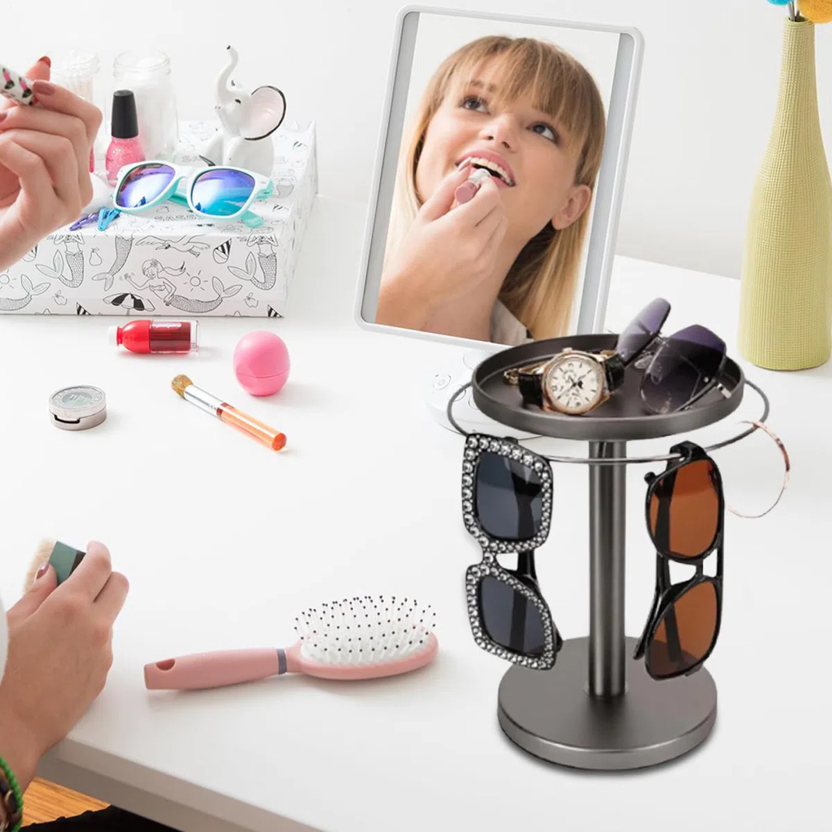 Sonnenbrillen-Organizer aus Metall, 360° Drehbarer Brillenhalter-Ständer, Brillen-Präsentationsständer mit Ablage für bis zu 12 Brillen, für Tisch, Nachttisch, Schreibtisch, Kommode und Heimdeko