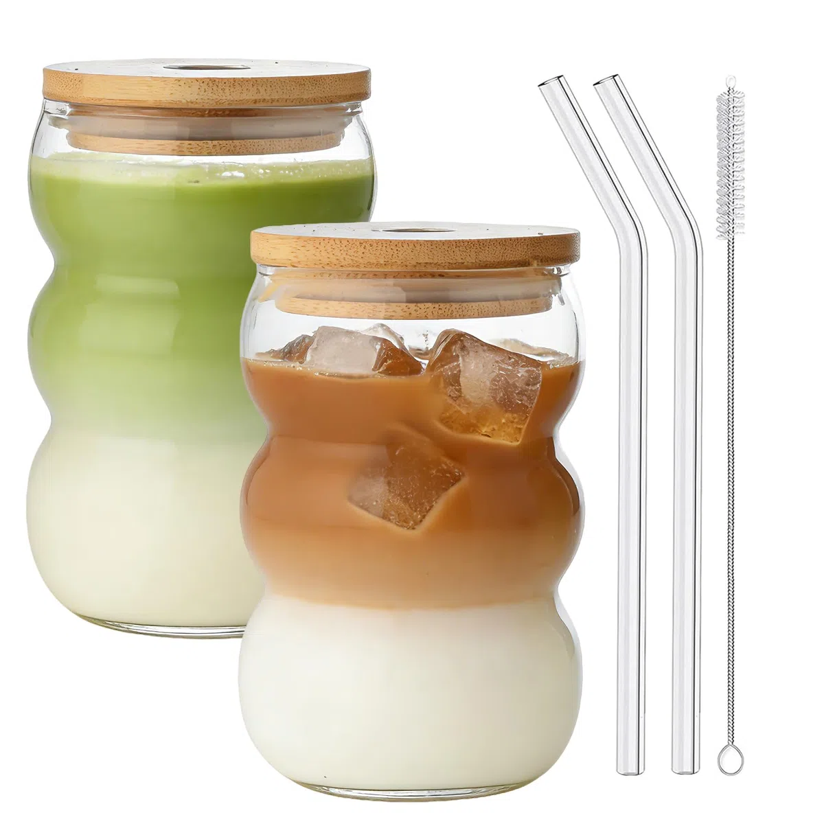 VITEVER Matcha Latte Glas, 2pcs 550ml Glasbecher mit Deckel und Strohhalm Latte Gläser, Bubble Glasbecher, Macchiato Gläser, Cocktailglas, Kaffeeglas Eiskaffee Trinkglas mit Bürste und Strohhalm