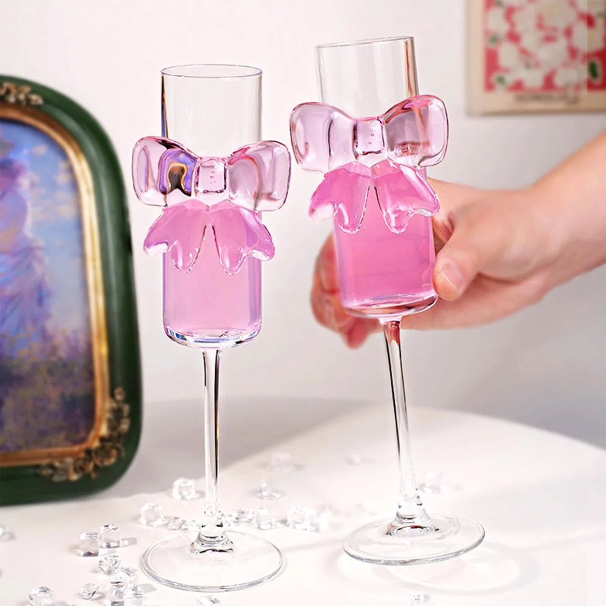 Kokett-160ml Glasbecher, rosa Schleife, Champagner, klare Gläser, Wein, Cocktails, Gläser für Zuhause, Bar, Hochzeit, Brautparty, Junggesellinnenabschied, 2 Stück