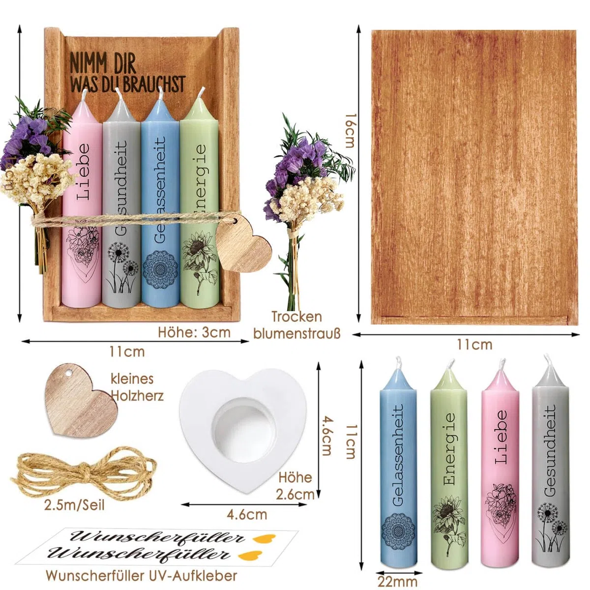 Kerzen Geschenkset Geburtstagsgeschenk für Frauen | Nimm dir was du brauchst | Geburtstagskerze mit Spruch Deko Kerzenhalter Set mit Holzbox Trockenblumen Geschenkidee für Freundin Schwester