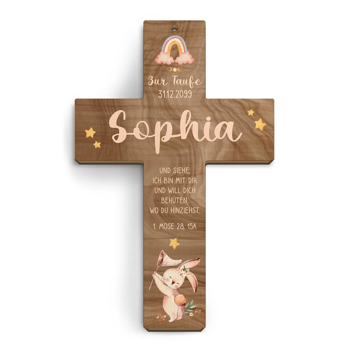 Kartenmachen.de Taufkreuz personalisiert aus Holz Taufgeschenk Mädchen Junge 13x20cm - Häschen - Walnussholz Look
