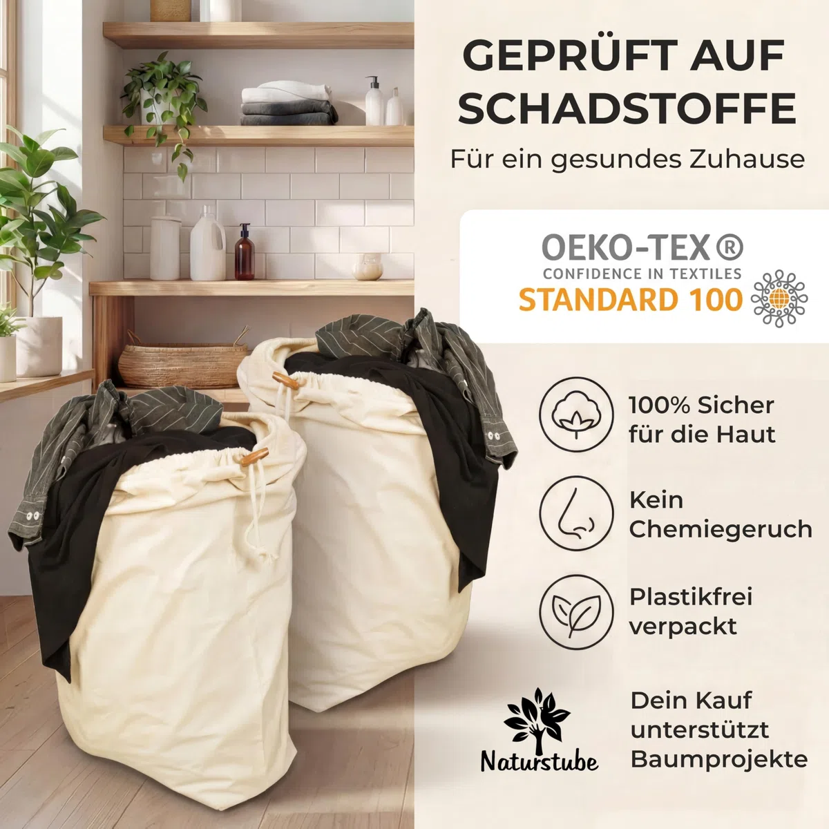 Wäschesack, 2er Set 50 x 70 cm - Strapazierfähige 45l Wäschebeutel Reise, 100% Baumwolle [Öko-Tex zertifiziert], Wäschesäcke, Stoffbeutel Groß, Laundry Bag, Schmutzwäschebeutel Reise