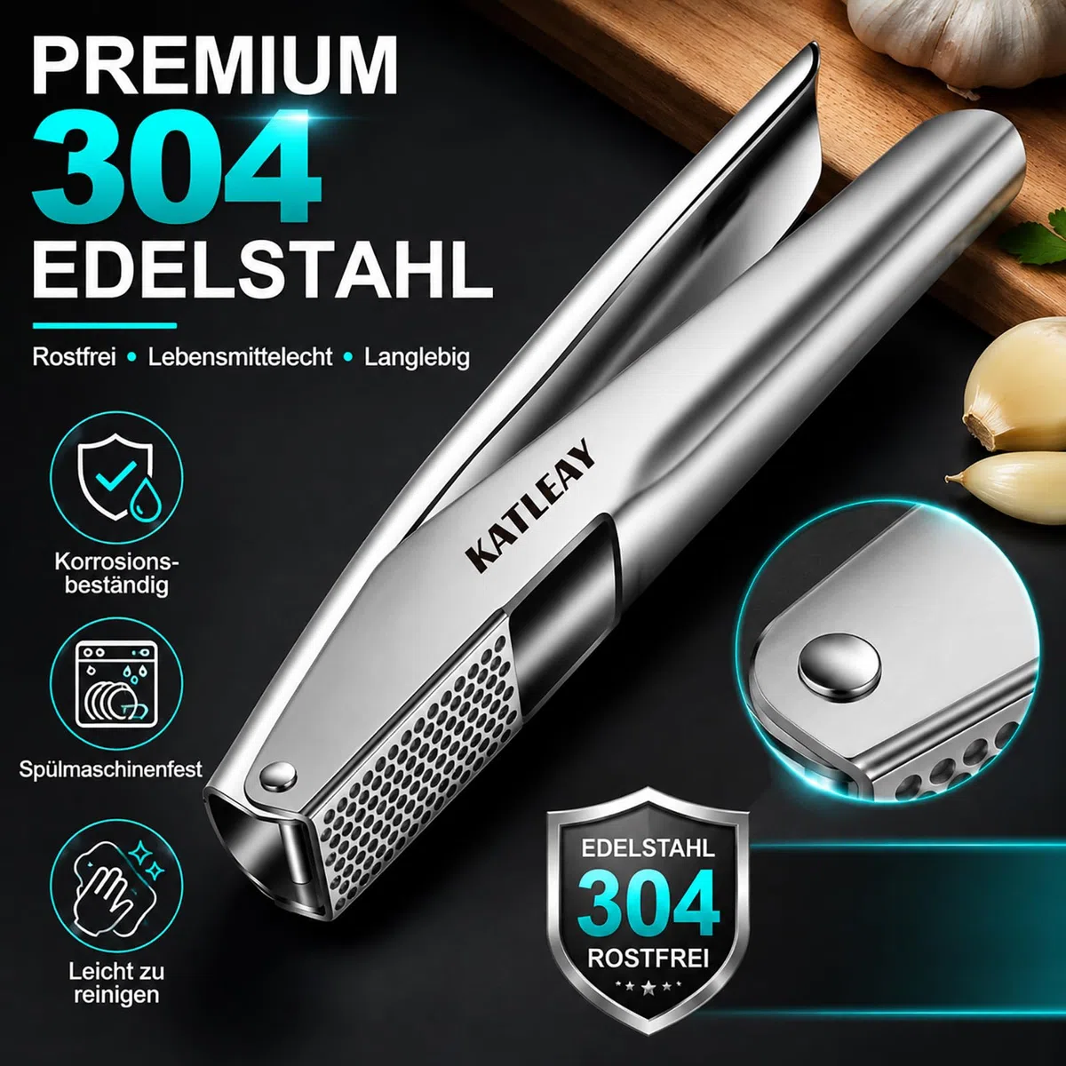 Profi Knoblauchpresse Edelstahl, Garlic Press Spülmaschinenfest - mit Schäler und Bürste, Leicht zu Quetschen, Leicht zu Reinigen, Bequem zu Halten, für Knoblauch & Ingwer (Kein Schälen Nötig)
