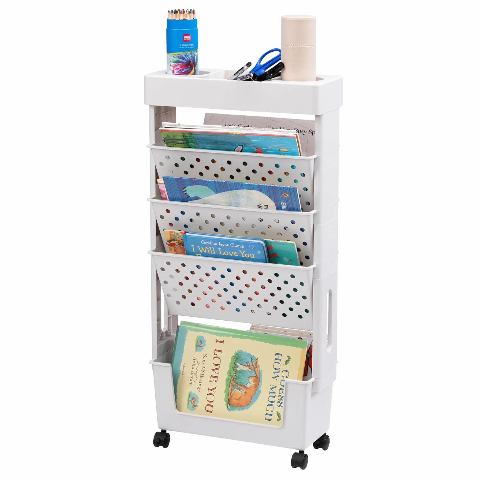 DOEWORKS Bücherwagen Klein Mobiles Bücherregal mit Rollen Bastelwagen Rollwagen Schmal Aufbewahrungswagen 5 Ebenen Bücherregal Wagen für Wohnzimmer Schlafzimmer Büro Bibliothek, Weiß