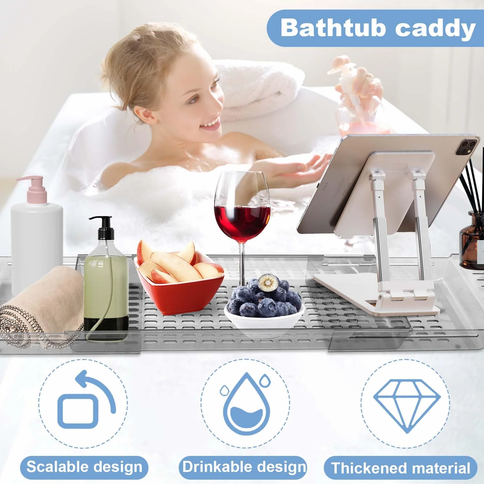 Badewannenablage, Badewannentablett, Ablage Badewanne, Badewannentisch, Verstellbares Badewannenbrett, Ausziehbare Badewannenablage mit Ablauf für Bücher iPad Handy Wein Kerzen (Durchsichtig)